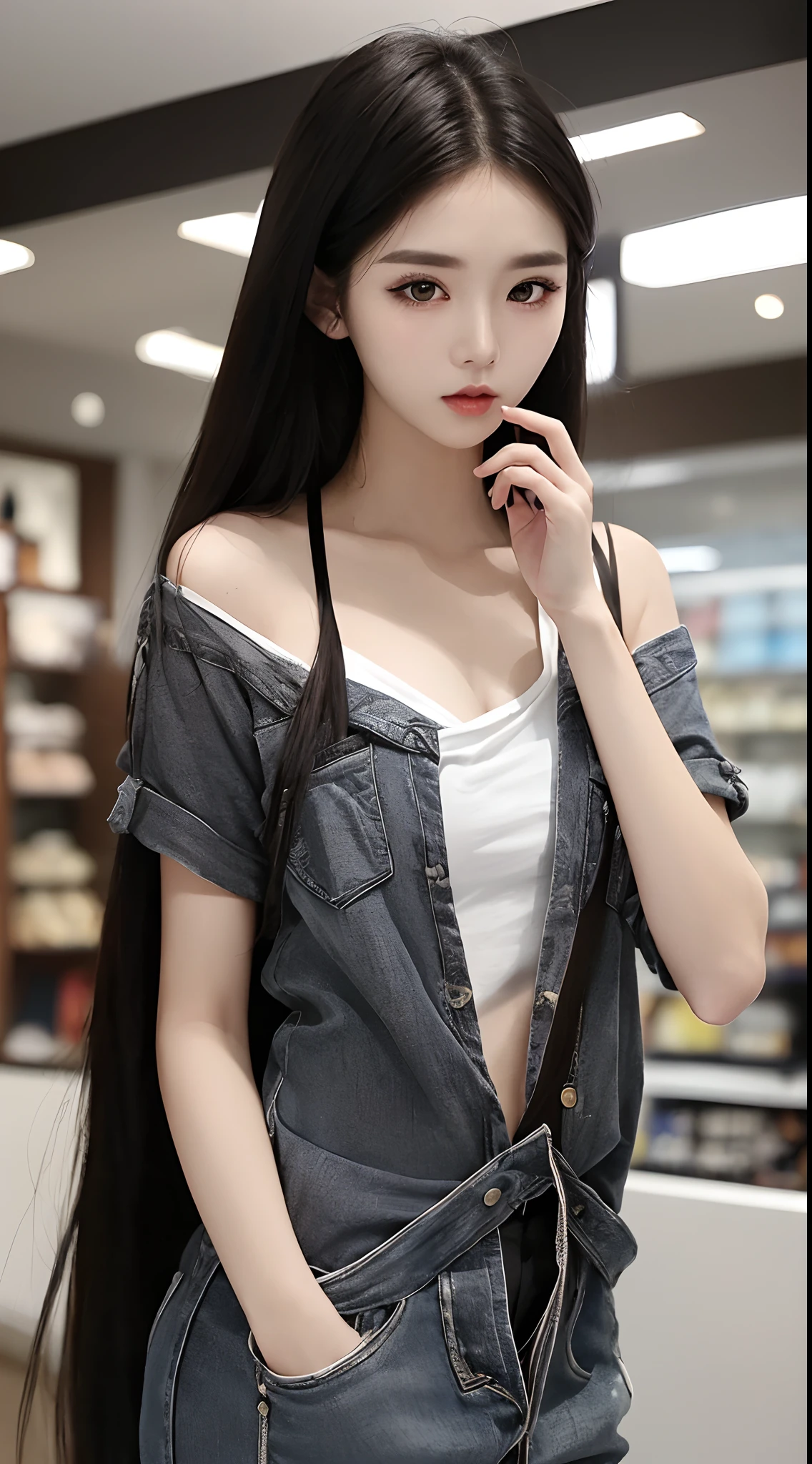 ​masterpiece、top-quality)、1 beutiful girl、Slim body、(Black and white plain clothes:1.1)、(Detailed beautiful eyes)、Inside the store、((Black long-haired))、((Small face))、tall、((Light brown eyes))、((Korean Girl))、((cool lady))、((Wild look))、((Korean Makeup))、((elongated and sharp eyes))、((Dating))、((Removing the viewer's eyes))