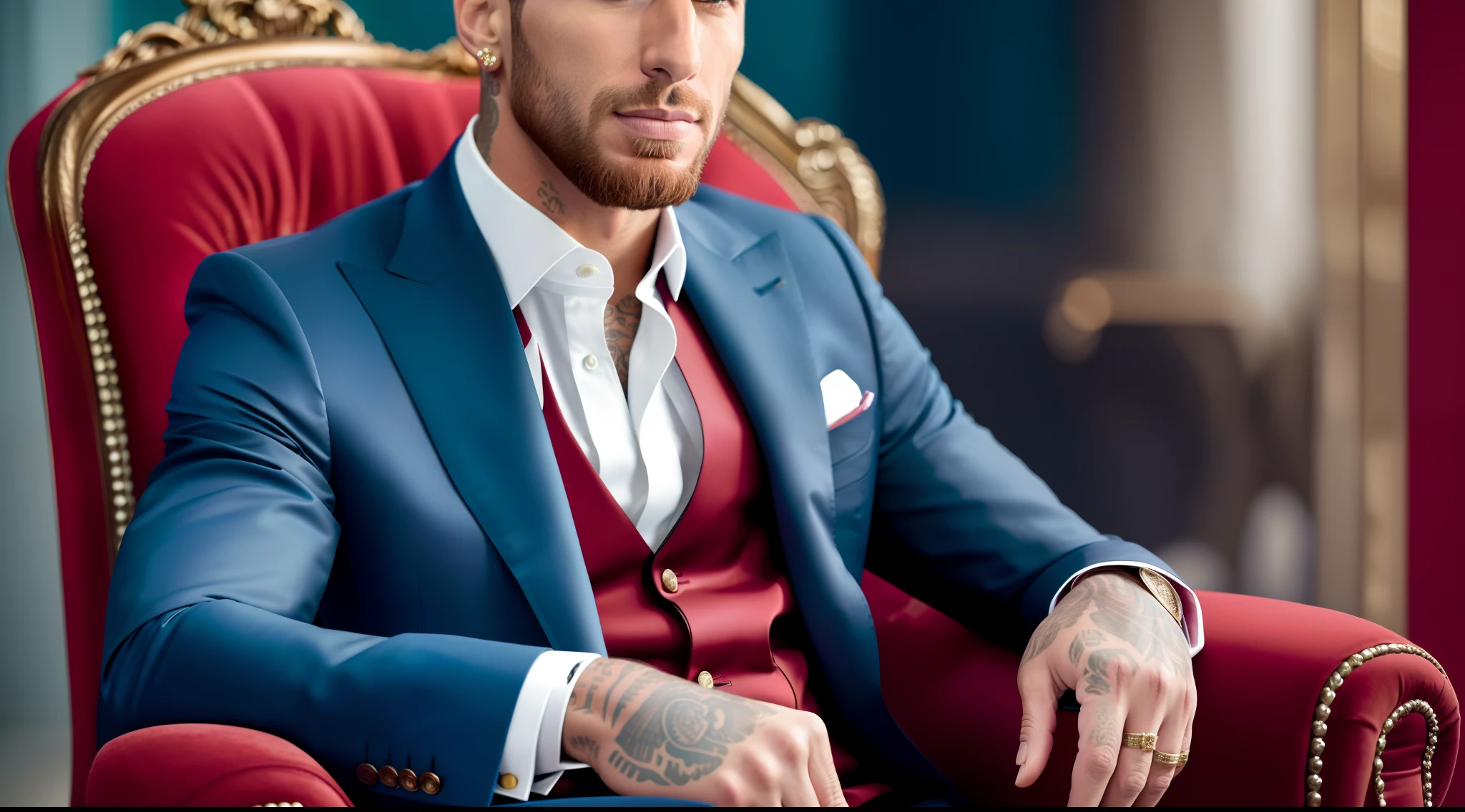Professional photo of Sergio Ramos sitting in an armchair, Wear an impeccable haute couture suit, His gaze was fixed on the camera, Focus on the details of his face and suit, Capture his magnetic presence and impeccable style, Photography, Mirrorless Camera, 50mm lens, --Air 16:9 --V 5