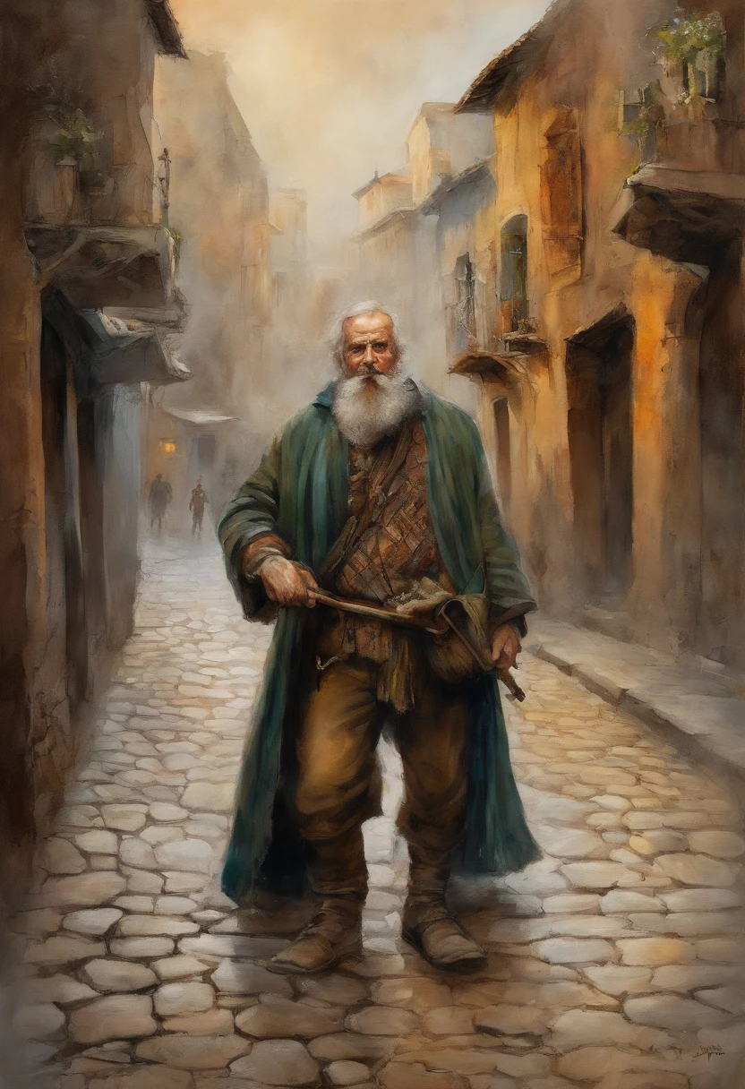 Um rua onde vielas se encontram, personagem masculino de meia-idade, com cabelos grisalhos e barba por fazer. His expression of agony is frozen on his pale face, Lying on the cobblestone floor, vemos a cena de cima, um vulto sutil em uma parte das vielas