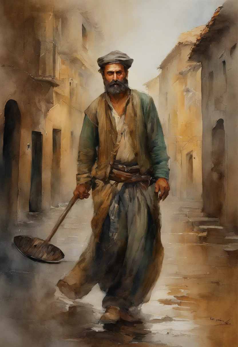 Um rua onde vielas se encontram, personagem masculino de meia-idade, com cabelos grisalhos e barba por fazer. His expression of agony is frozen on his pale face, Lying on the cobblestone floor, vemos a cena de cima, um vulto sutil em uma parte das vielas