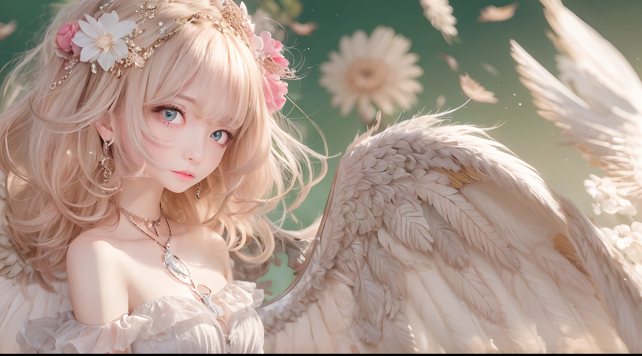 (best quality, masterpiece:1.2), 1 girl, intricate details, bare shoulders, short skirt, necklace, ruffles, sheer fabric, peeking through, blush on cheeks, wings, upper body, blurred background, floral print, defiance