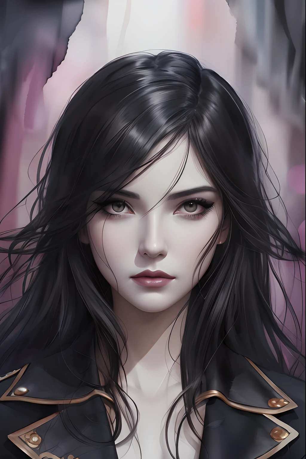 a close up of a woman with long black hair and a black jacket, in the art style of bowater, artgerm. high detail, artgerm portrait, charlie bowater art style, style of charlie bowater, drawn in the style of artgerm, artgerm. illustration, artgerm and tom bagshaw
