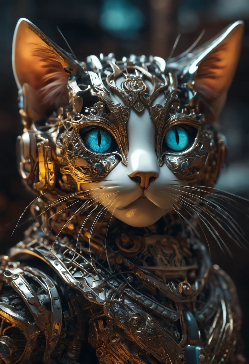 a ((kitten)) made out of metal, cyborg, cyberpunk style, ((intricate details)), hdr, ((intricate details, hyperdetailed)), cinematic shot, vignette