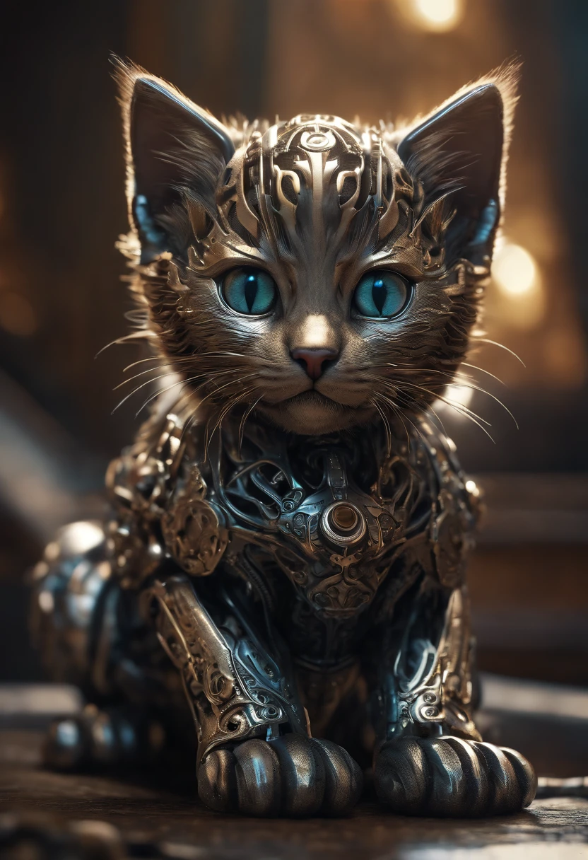 a ((kitten)) made out of metal, cyborg, cyberpunk style, ((intricate details)), hdr, ((intricate details, hyperdetailed)), cinematic shot, vignette