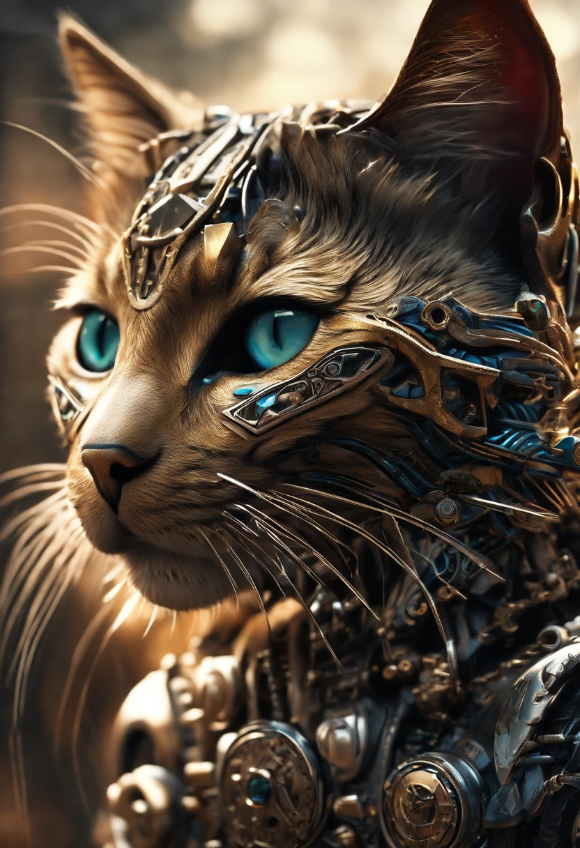 a ((kitten)) made out of metal, cyborg, cyberpunk style, ((intricate details)), hdr, ((intricate details, hyperdetailed)), cinematic shot, vignette