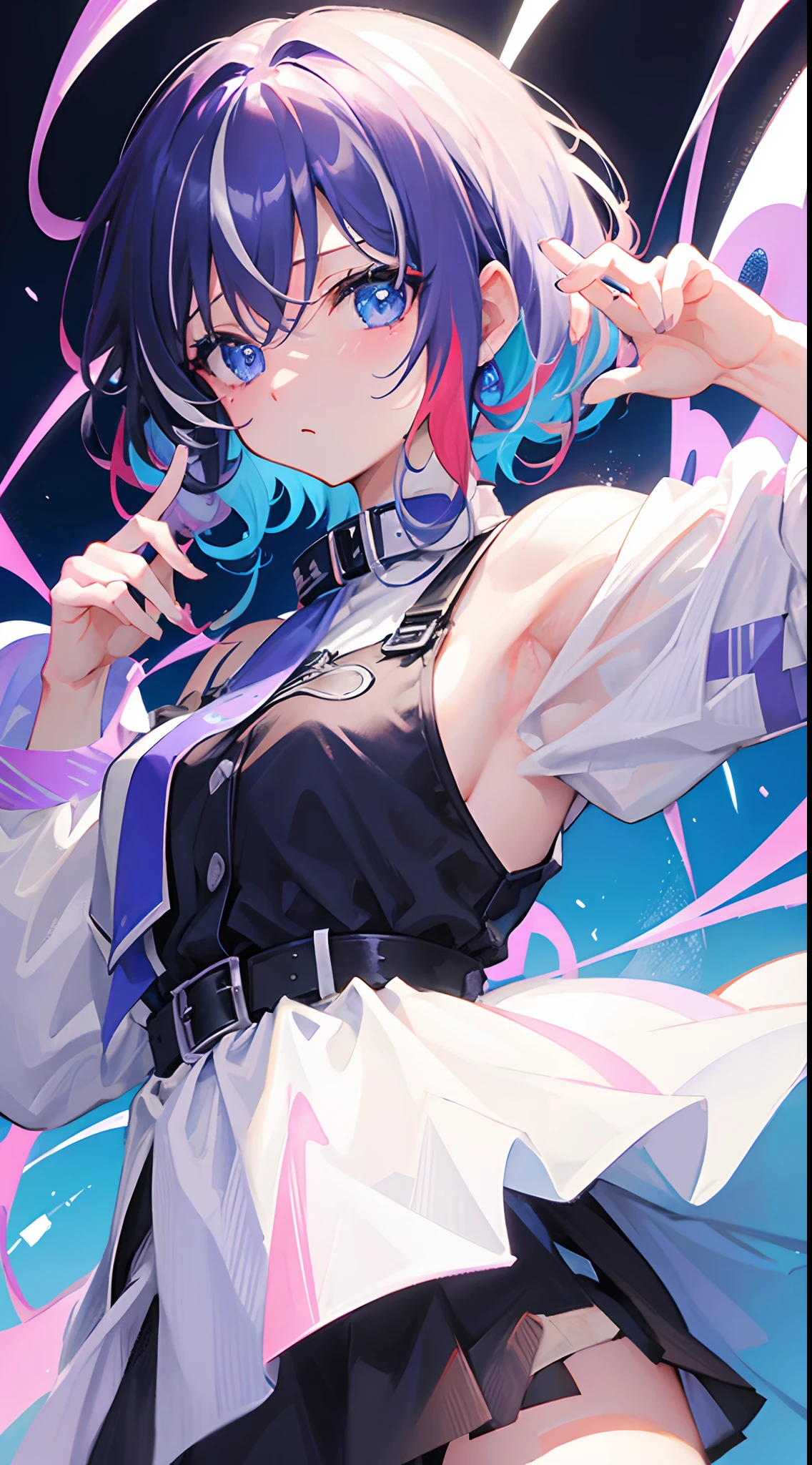 ((Best Quality)), ((Masterpiece)), (detailed), anime girl, short blue hair, dressed in black, showing some chest, magic