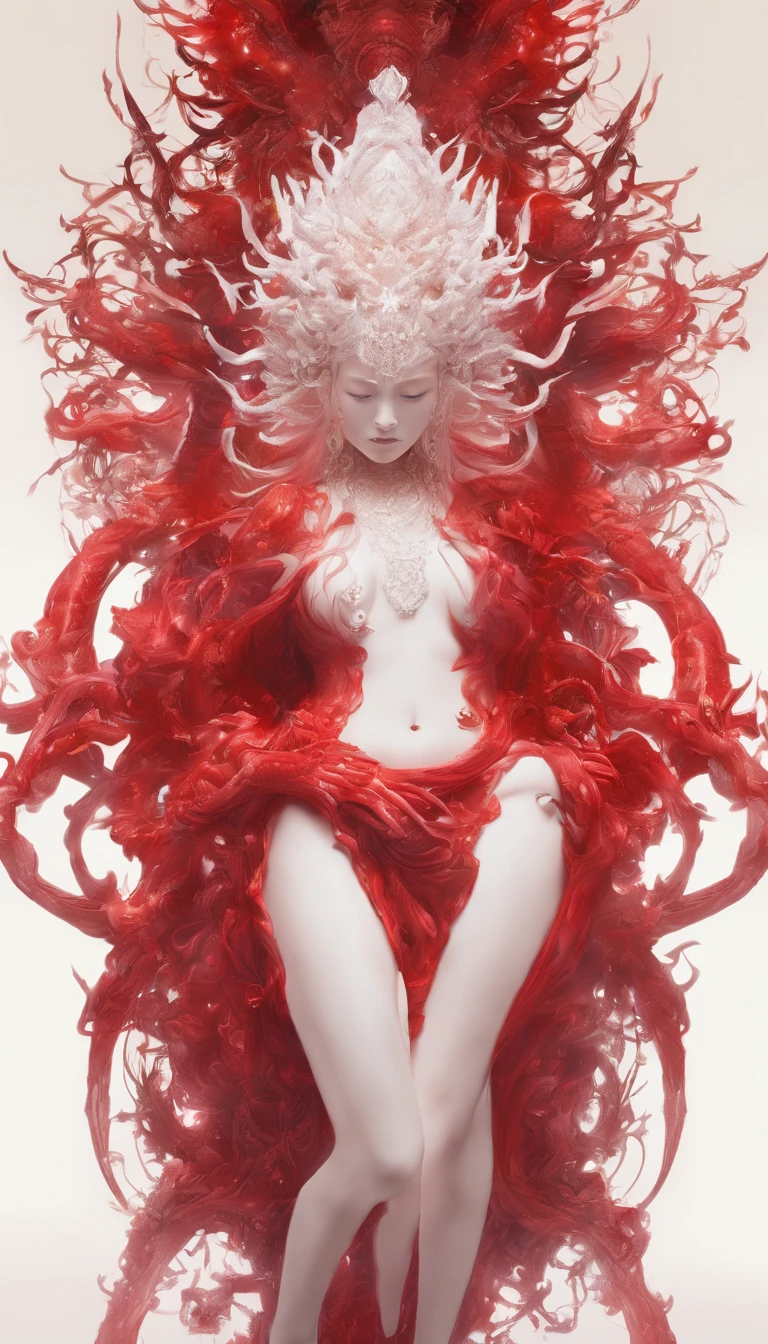 Blood red room, Flashing white TV screen, BUDDHA STATUE, cabelos preto e longos, with hair dishevelled, Cover one eye and face, Bright red eyes, Wearing a white transparent robe, Looming full breasts,liquor,Devil, reaching out her hands,Straighten your body, Red nails are exposed, Pinch the camera, hyper HD, Anatomically correct, Textured skin, Super detail, High details, High quality, A high resolution, 8K, hyper HD, Anatomically correct, Textured skin, Super detail, High details, High quality, Best quality, 8K,Leishnampo,Room 2,Horror