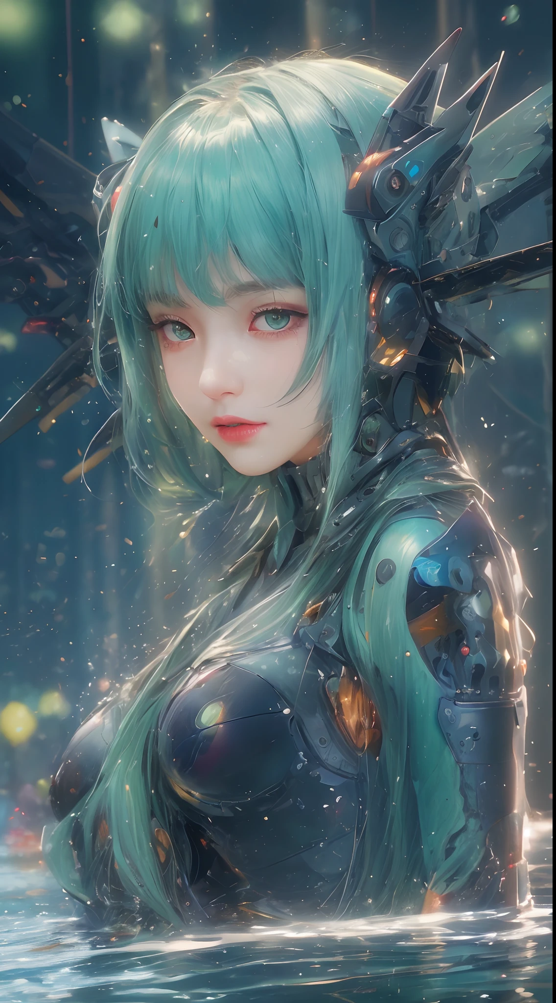 (A complex green-haired woman,Mecha joints and wing radiation, Quiet and dignified, Standing in the water), High-res, Ultra-detailed, Realistic, Vibrant colors, Bokeh, Studio lighting.
