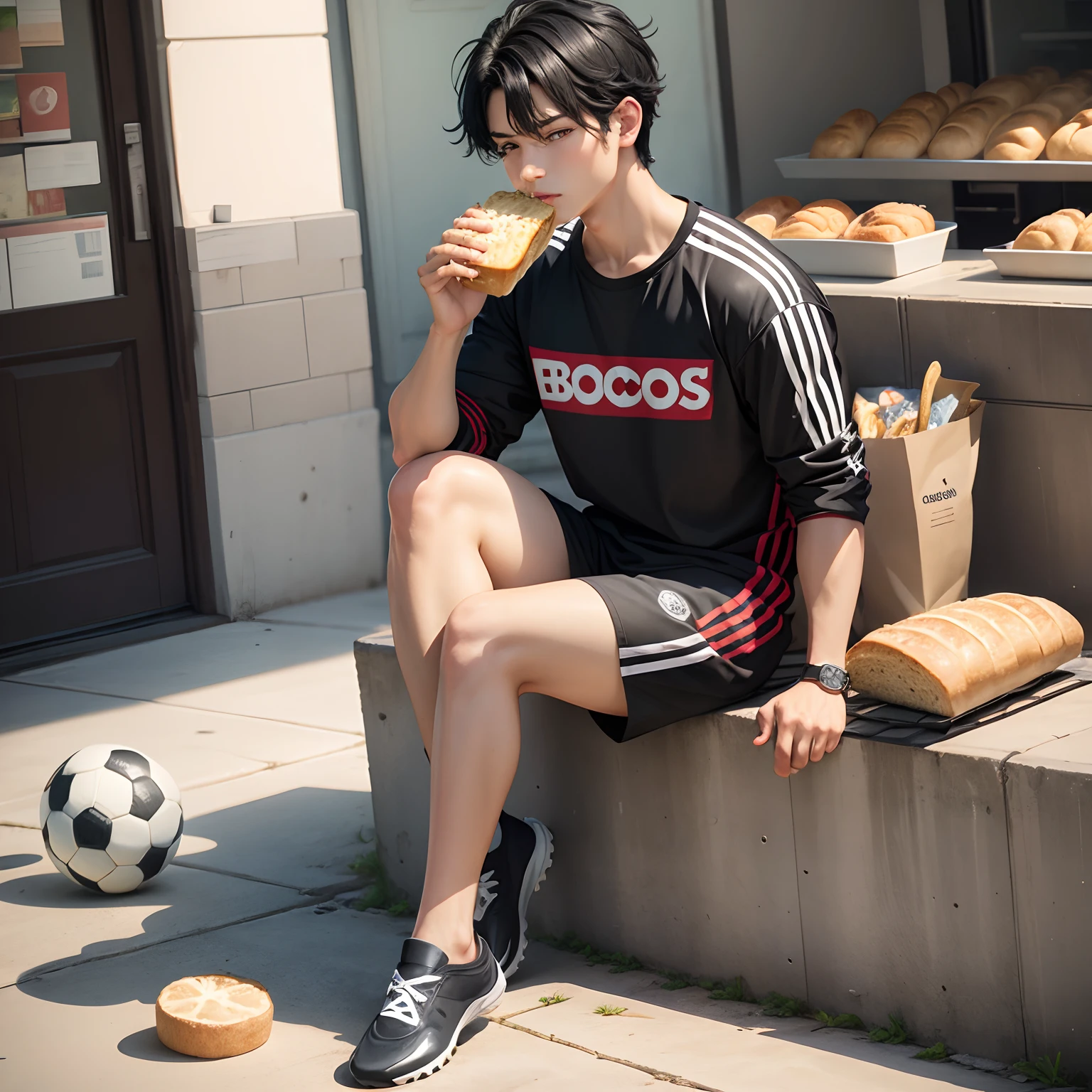 Black hair,eating bread,1boy,soccer shirt, mcquen crocs,