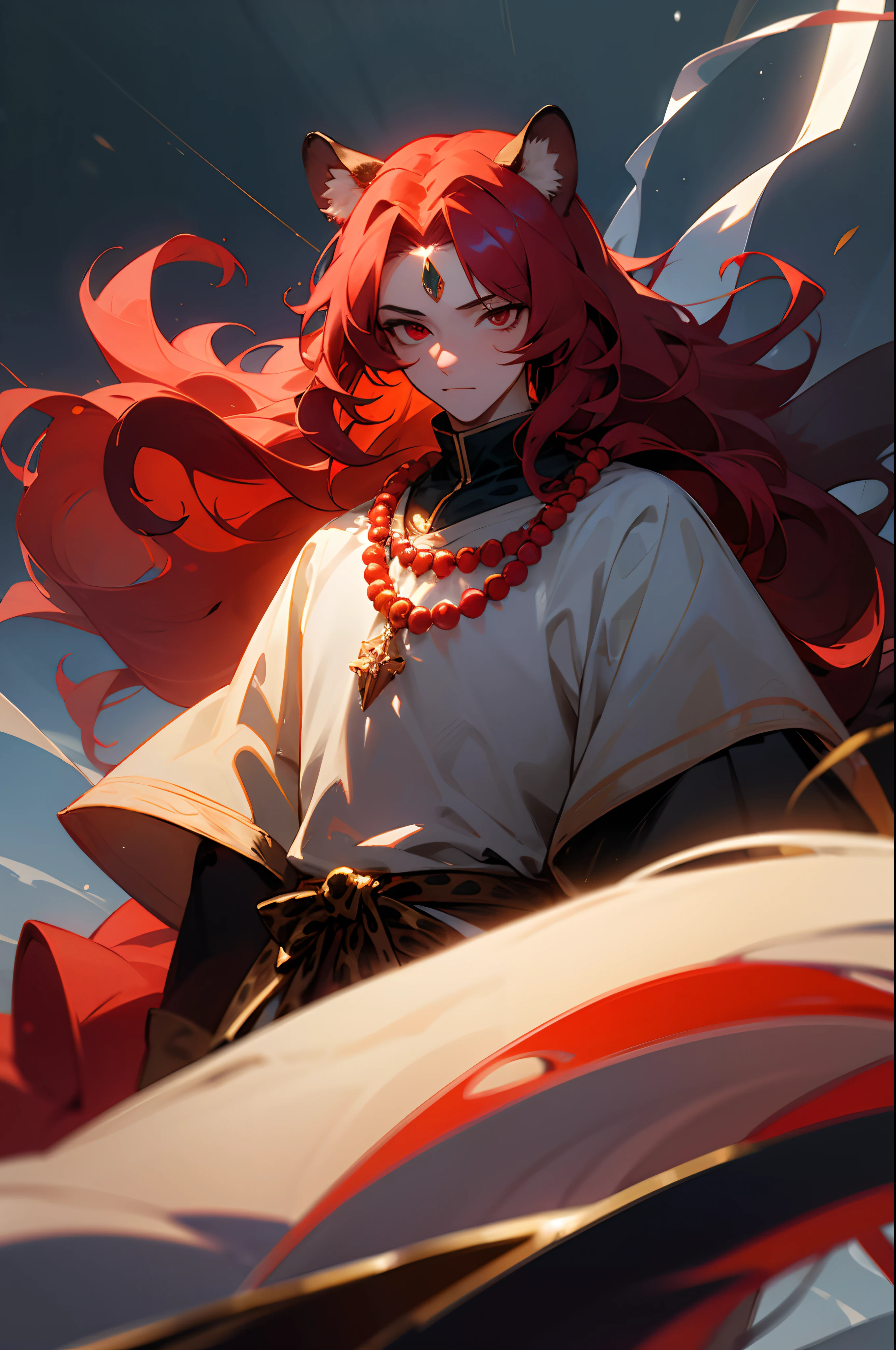 (masterpiece, best quality:1.2),1boy, upper body,tail, large tail, red hair, very long hair, wavy hair, red eyes, detailed eyes, multicolored hair, circlet, bead necklace, animal ears, leopard ears, black cape, white dress, hip vent, pelvic curtain, snowy, snowy mountains, blizzard, volumetric lighting, subsurface scattering, cinematic lighting, chiaroscuro, floating hair, hand on own chest, mature look, human ears covered by hair