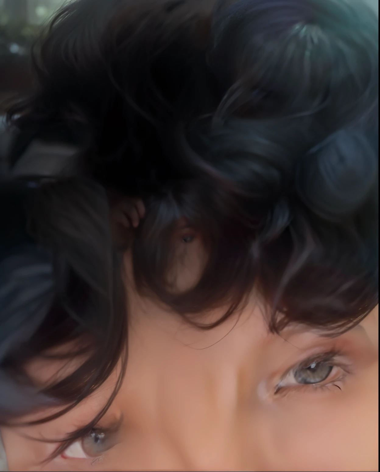 um close up de uma pessoa com cabelo preto e gravata, franja encaracolado, cabelo encaracolado preto, com olhos assombrados e cabelos cacheados, cabelos negros cacheados, com cabelos pretos, cabelos cacheados, (cabelos cacheados escuros e curtos), cachos por cima, messy curly hair, cabelos cacheados e curtos, cabelos escuros cacheados, cabelos pretos e olhos grandes, curly hair , qualidade alta, cor viva