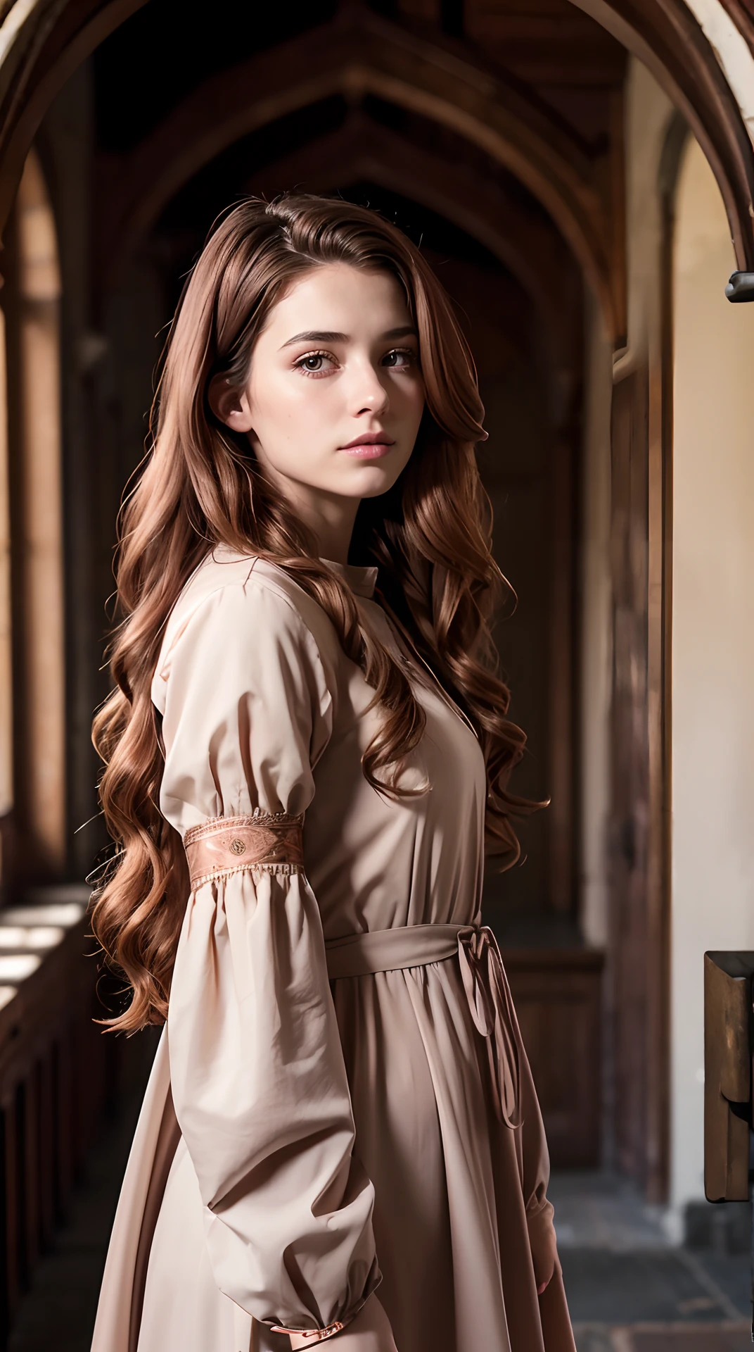 RAW photo, Girl 18 years old, Waist-length image in the center of the composition, pretty, Modest, Embarrassed, ((Long copper-colored wavy hair)), Modest (Medieval dress) with long, wide, spacious straight sleeves, in a medieval castle, blurred background, 8K UHD, dim lighting, hiquality, Film grain, Fujifilm XT3