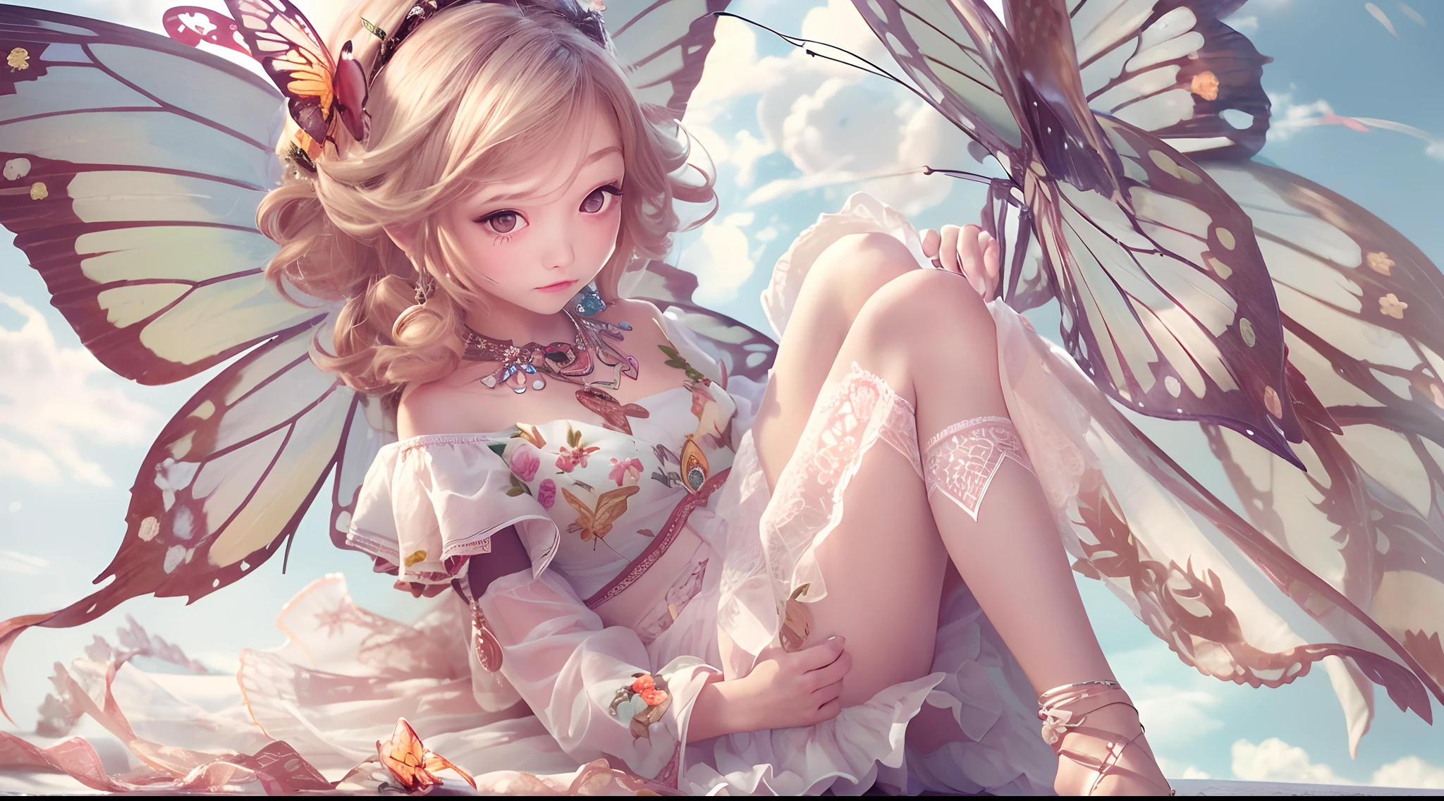 (best quality, masterpiece:1.2), 1 girl, intricate details, off-shoulder, mini skirt, necklace, ruffled edges, sheer fabric, peeking, blushing cheeks, butterfly wings, sitting on a cloud, blurry background, floral pattern, defiant, League of Legends,