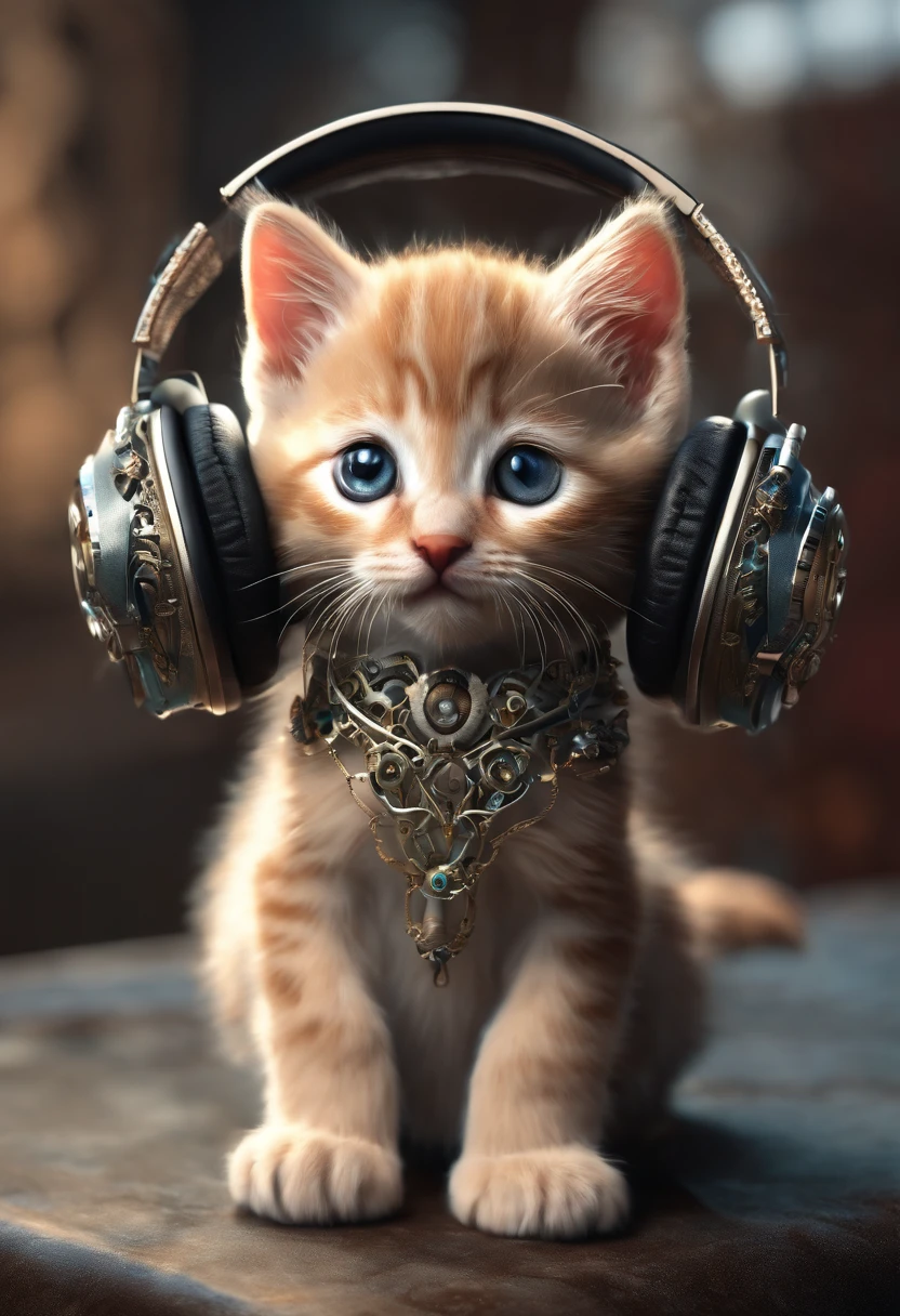 a ((cute kitten headphone)) made out of metal, cyborg, cyberpunk style, ((intricate details)), hdr, ((intricate details, hyperdetailed)), cinematic shot, vignette