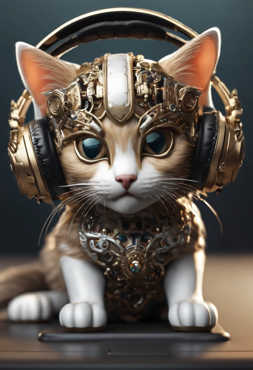 a ((cute kitten  headphone)) made out of metal, cyborg, cyberpunk style, ((intricate details)), hdr, ((intricate details, hyperdetailed)), cinematic shot, vignette