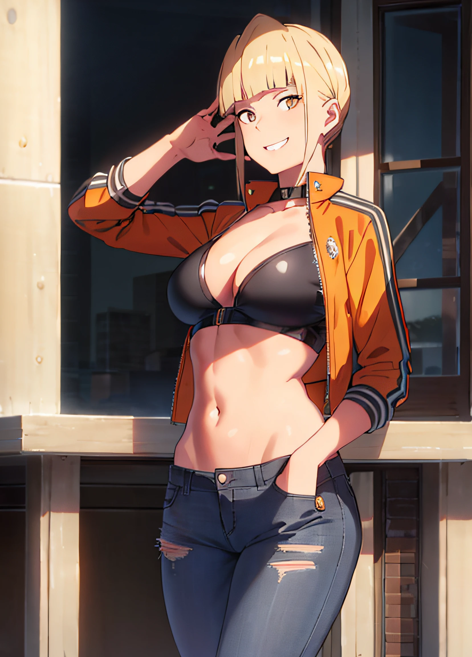 8k ultra-high image quality, solo, 1girl, bangs, blonde spiked up hair, light skin, gray eyes, looking at viewer, outdoors, black and orange jacket with a midriff, blue jeans, smirk