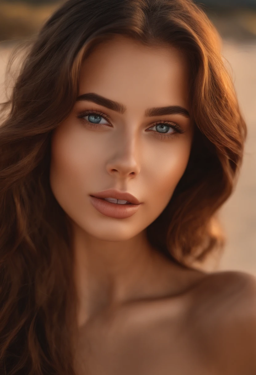 arafed woman fully , sexy girl with brown eyes, ultra realistic, meticulously detailed, portrait sophie mudd, brown hair and large eyes, selfie of a young woman,on the beach, medium to large size bust