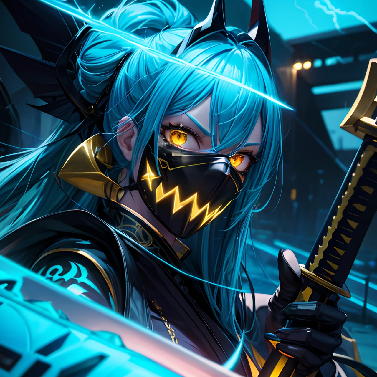masterpiece, best quality, 8k, hi res, 1girl, blue hair, long hair, yellow eyes, portrait, devil oni mask, neon light, lightning, katana