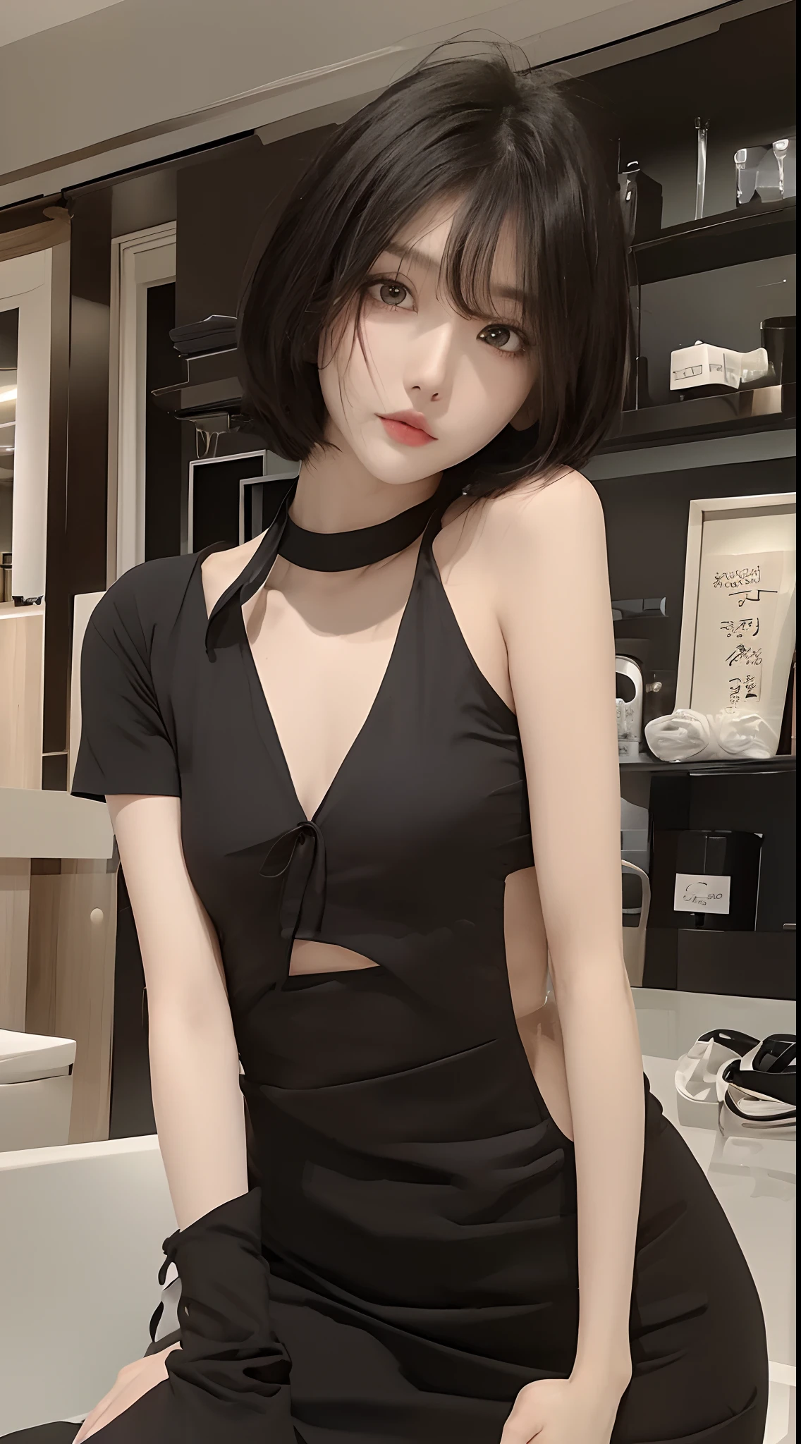 ​masterpiece、top-quality)、1 beutiful girl、Slim body、(Black and white plain clothes:1.1)、(Detailed beautiful eyes)、Inside the store、((Black short-haired))、((a small face))、tall、((Light brown eyes))、((Korean Girl))、((cool lady))、((Wild look))、((Korean Makeup))、((elongated and sharp eyes))、((Dating))、((Remove viewers' eyes))