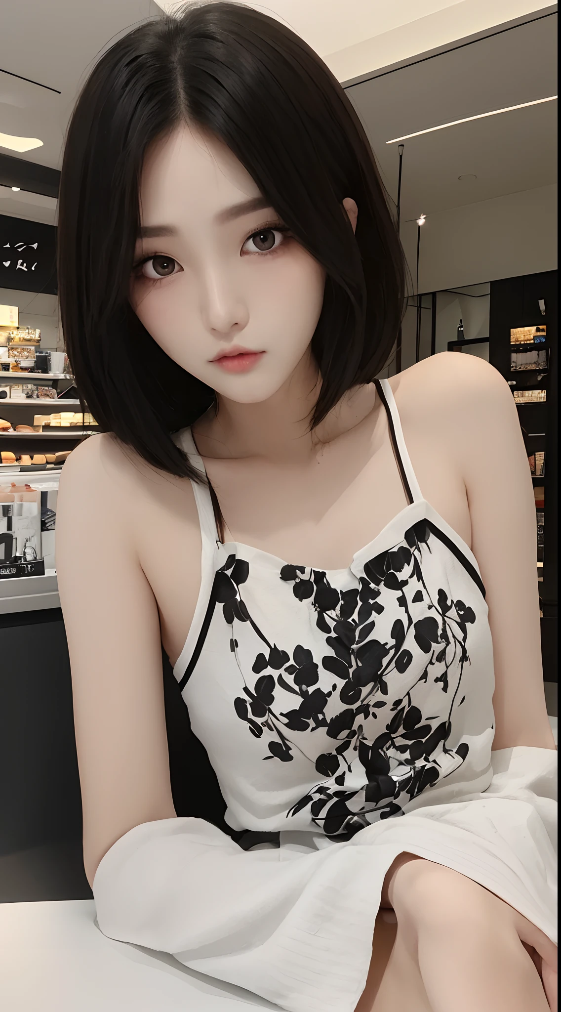 masterpiece、top-quality)、1 beutiful girl、Slim body、(Black and white plain clothes:1.1)、(Detailed beautiful eyes)、Inside the store、((Black short-haired))、((a small face))、tall、((Light brown eyes))、((Korean Girl))、((cool lady))、((Wild look))、((Korean Makeup))、((elongated and sharp eyes))、((Dating))、((Remove viewers' eyes))