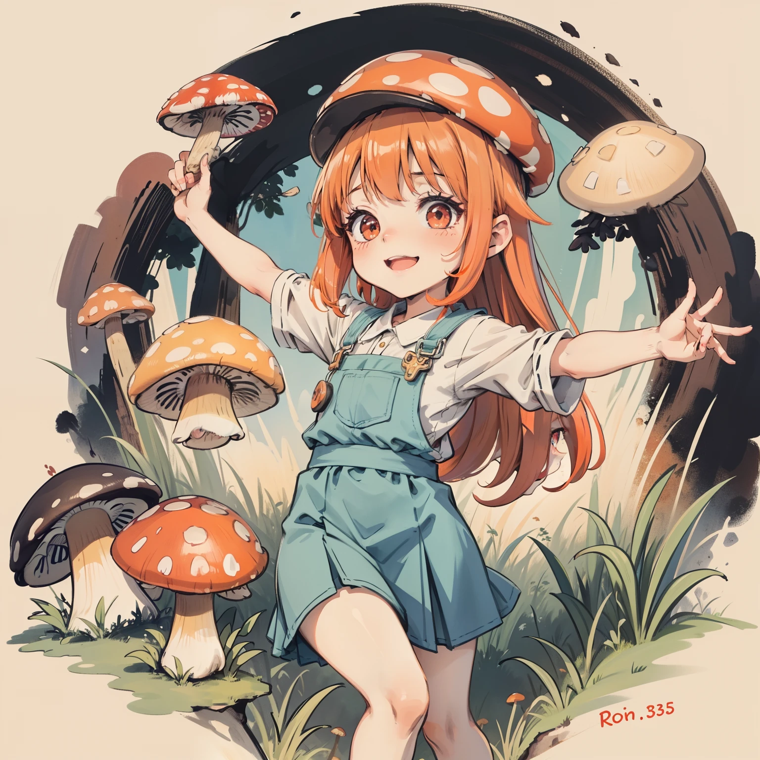 1girll, Orange hair, Red eyes, dress, (Solo:1.3),Simple drawing, Mushrooms and girls, Cute, Big smile, Mushrooms + Mushrooms + Mushrooms + Mushrooms + Mushrooms,Red mushrooms，Cyan mushrooms，White mushrooms， Mushrooms on the head, Mushrooms grow on the body，From the side Side，Dancing，Watercolor illustration, Perfect anatomy, Masterpiece, Best quality, 1girll, Loli,elementary student,Nature, landscape
