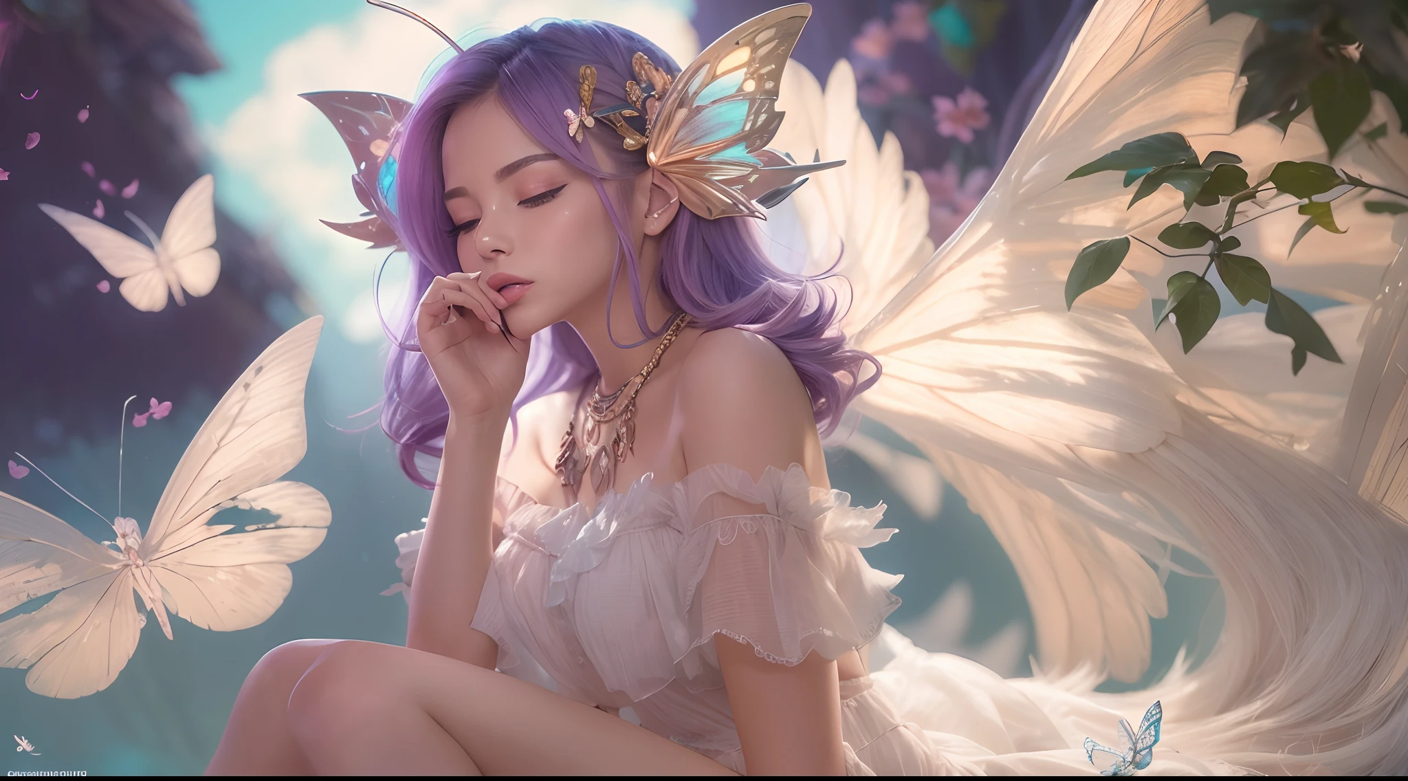 (a best, high-quality, 4k, 8k, high-res, masterpiece:1.2), 1 girl, intricately detailed, off-shoulder, mini skirt, necklace, ruffled hem, sheer fabric, peeking, blushing cheeks, butterfly wings, sitting on a cloud, blurred background, floral patterns, lost in thought, from League of Legends, as K/DA Kaisa.