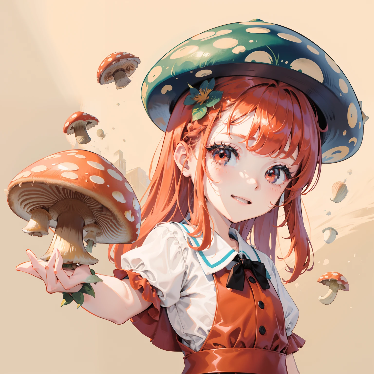 1girll, Orange hair, Red eyes, dress, (Solo:1.3),Simple drawing, Mushrooms and girls, Cute, Big smile, Mushrooms + Mushrooms + Mushrooms + Mushrooms + Mushrooms,Red mushrooms，Cyan mushrooms，White mushrooms， Mushrooms on the head, Mushrooms grow on the body，From the side Side，Dancing，Watercolor illustration, Perfect anatomy, Masterpiece, Best quality, 1girll, Loli,elementary student,Nature, landscape