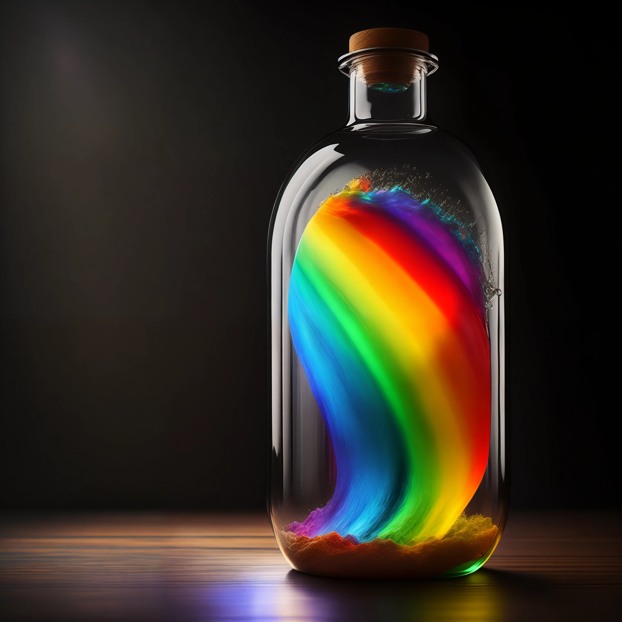 a rainbow contained in a glass bottle on a wooden table, black background (photorealistic painting), conceptual art, light effects, modern fantasy,