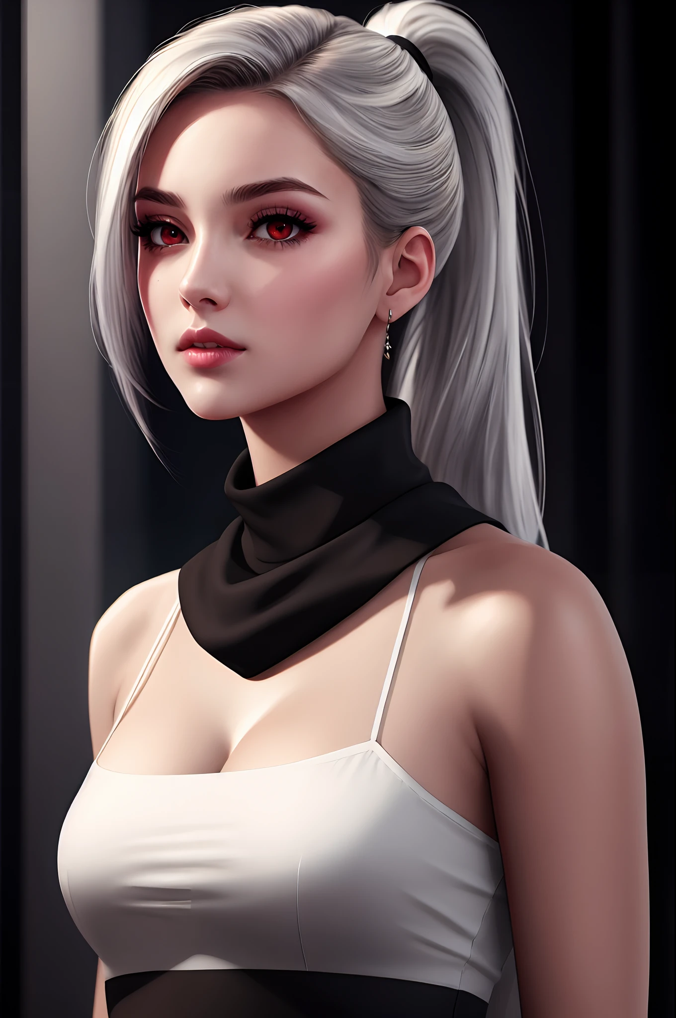 ultra realism, Masterpiece, hdr, adult girl, Portrait, perfect body, cold look, Rich red eyes, Deep vision correction, eyebrow shine, lipgloss, narrow nose, Rich white hair, ponytail, Perfect hair, atlas top, dark ambient