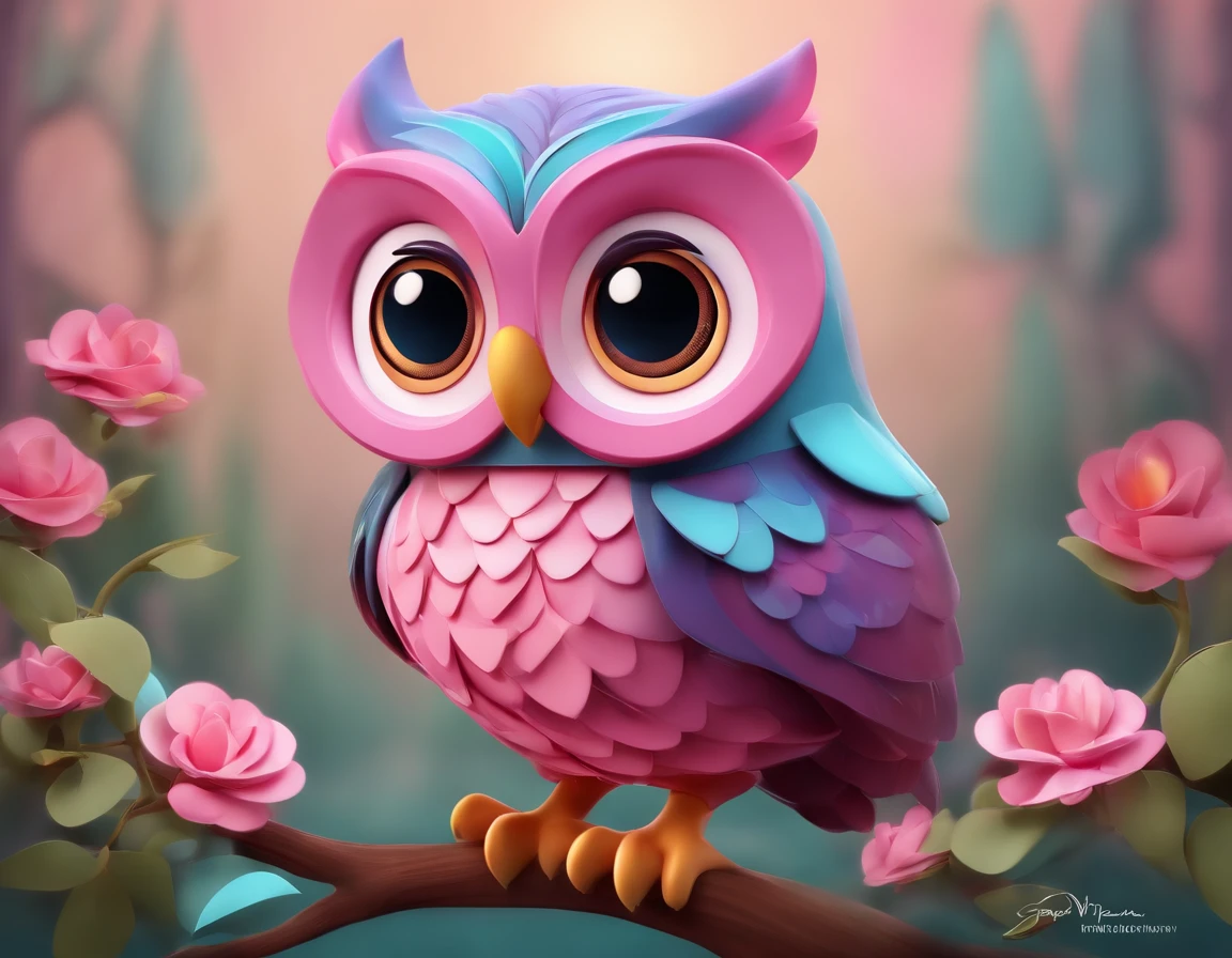 Create 3D Cute Owl Illustration Disney Cartoon Style, pink palette, glass, teacher, smiling