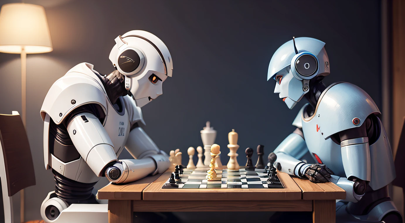 Two Robots playing chess at a table