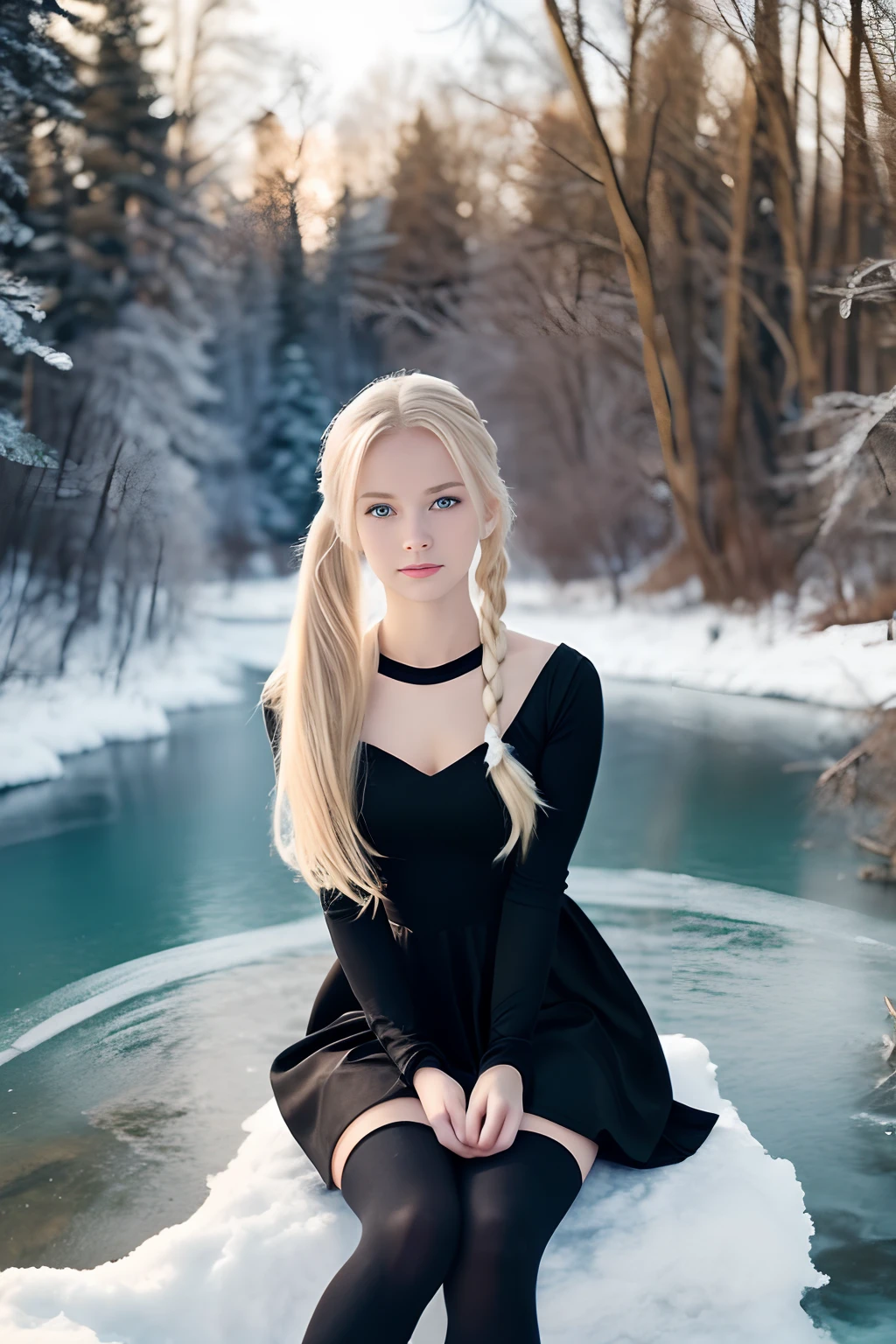 Blonde girl, Black dress above knee level, in full height, black tights 20 den, Cyan eyes, The hair is gathered in a pigtail on one side and in a ponytail on the other, Realistic look, Russian, 22 years old, very attractive, Young, fine facial traits, sitting in nature against the backdrop of a winter landscape, Frozen River, trees with snow on their branches, Perfect Quality, Exactly 2 legs, exactly 2 hands