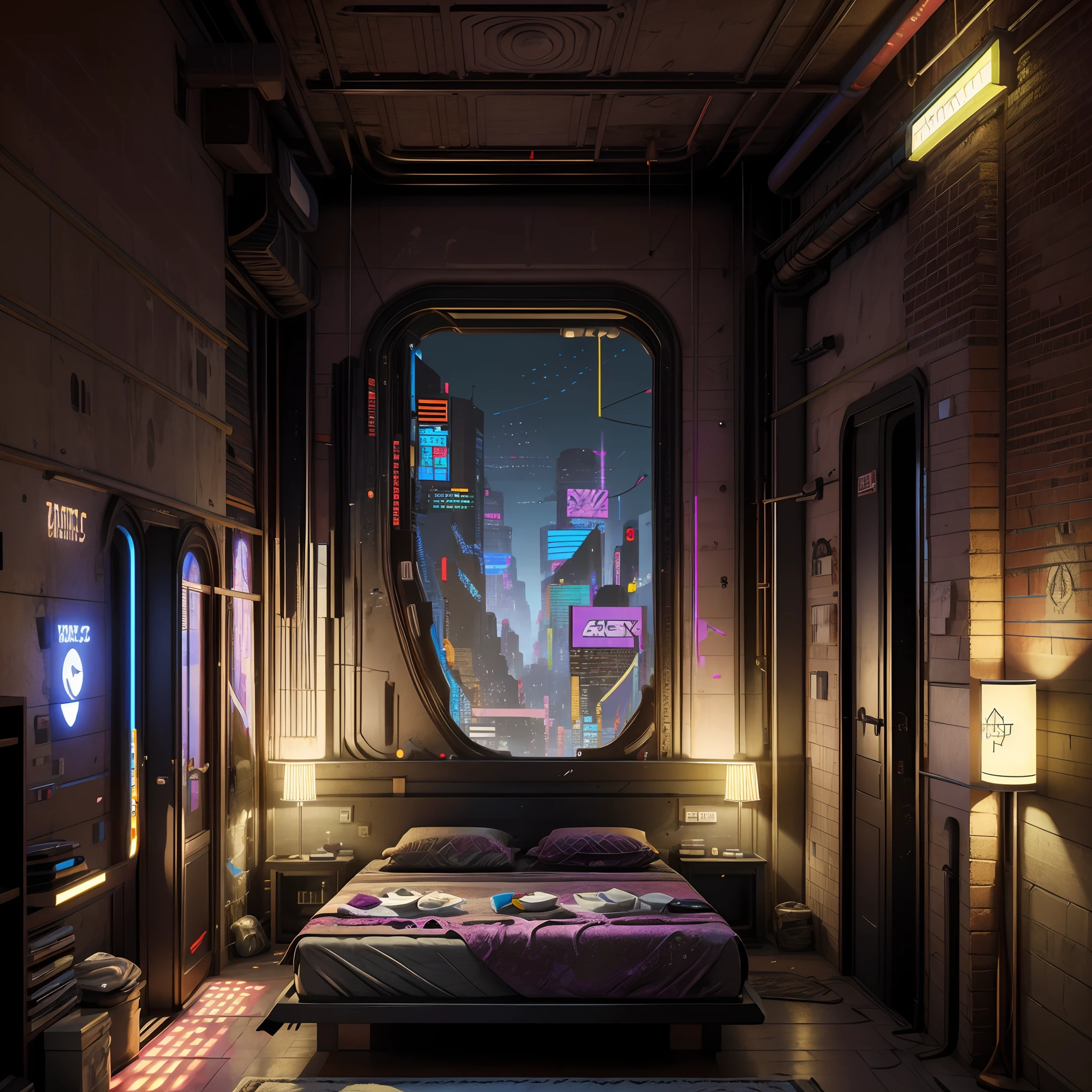 This is a cyberpunk fantasy image. Generate a cozy bedroom surrounded by a cyberpunk city. The bedroom serves as an oasis in the middle of a chaotic cyberpunk city. The bedroom has windows. Through the bedroom's windows the colorful, very detailed, and beautifully complex cyberpunk cityscape is visible. The image should be dynamic and compelling and realistic. (((masterpiece))), (((best quality))), ((ultra-detailed)),(highly detailed CG illustration)