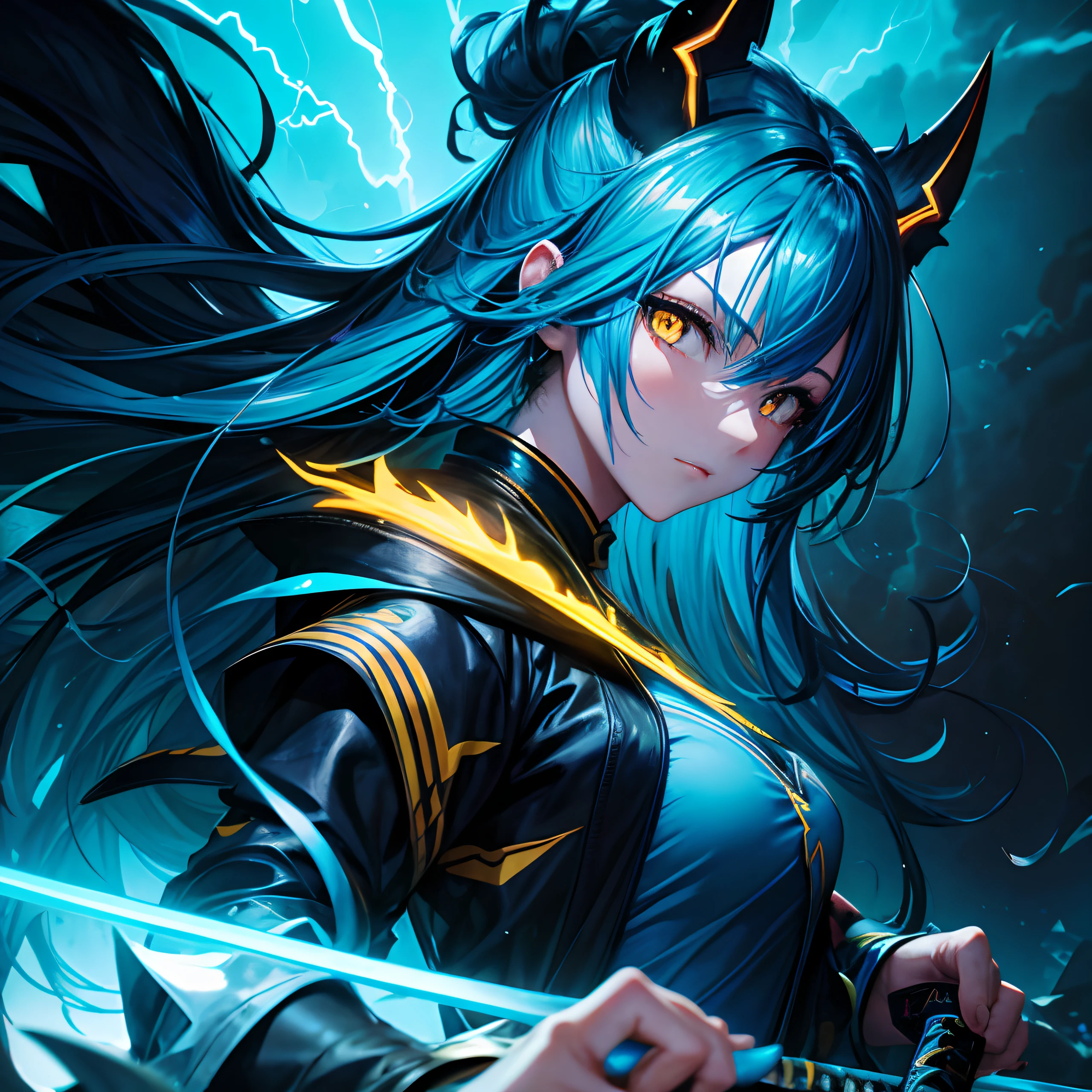 masterpiece, best quality, 8k, hi res,  1girl, blue hair, long hair, yellow eyes, portrait, devil oni mask, neon light, lightning, katana