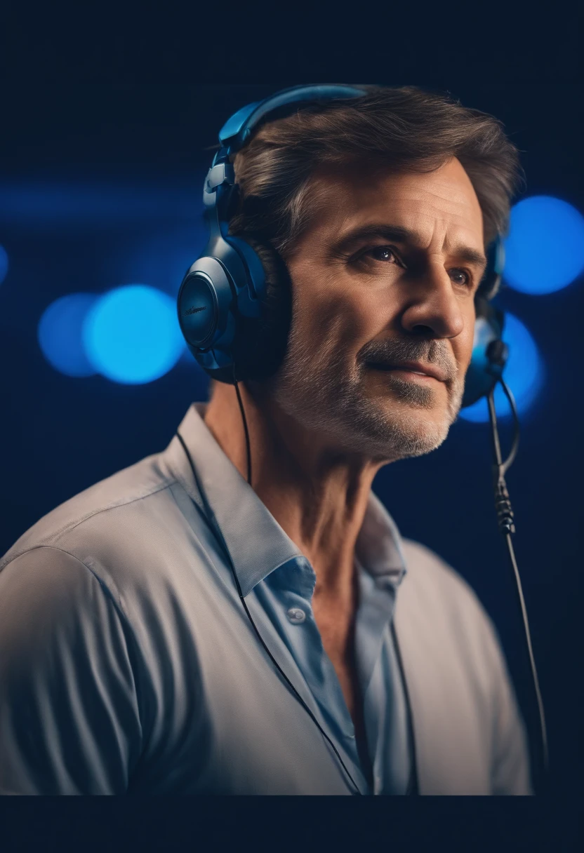A middle-aged man wearing a headset,Face the microphone to record,45-degree half-body facing the camera,Mixing Console、Computer screen,spotlight lights,Blue gradient background。