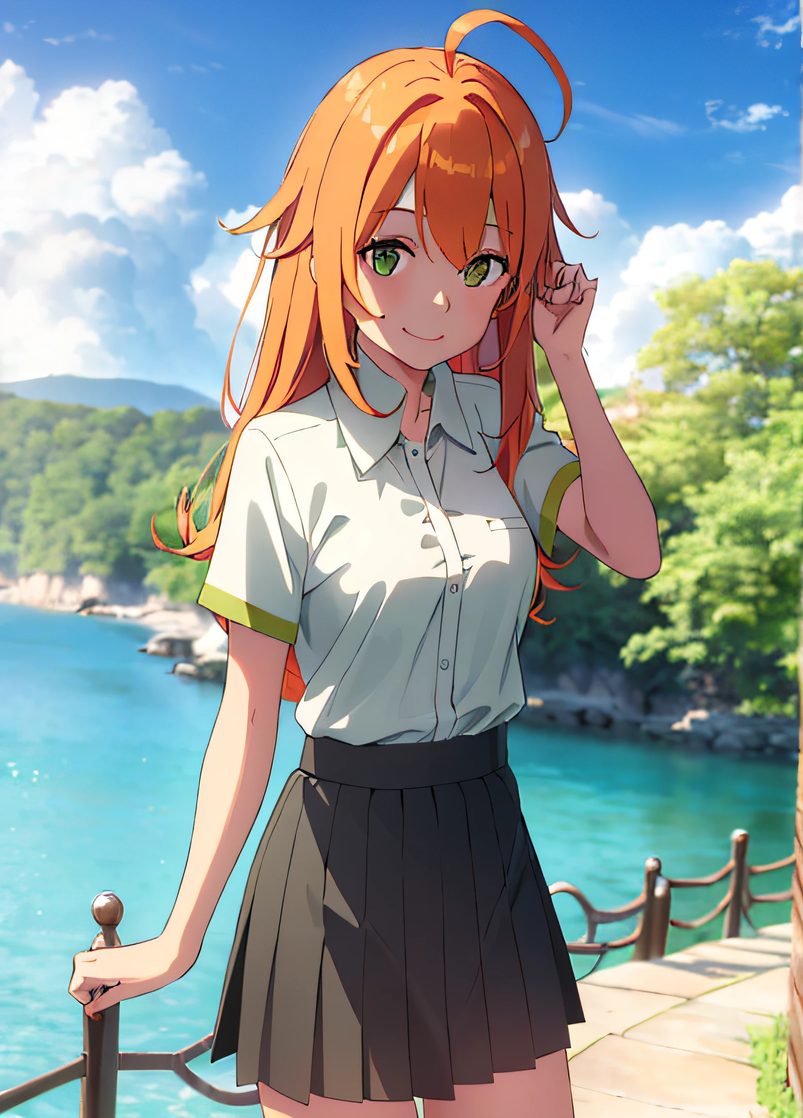 8k ultra-high image quality, solo, 1girl, long orange hair with ahoge, light skin, green eyes, looking at viewer, outdoors, light green short sleeve buttoned down shirt, black skirt, smile