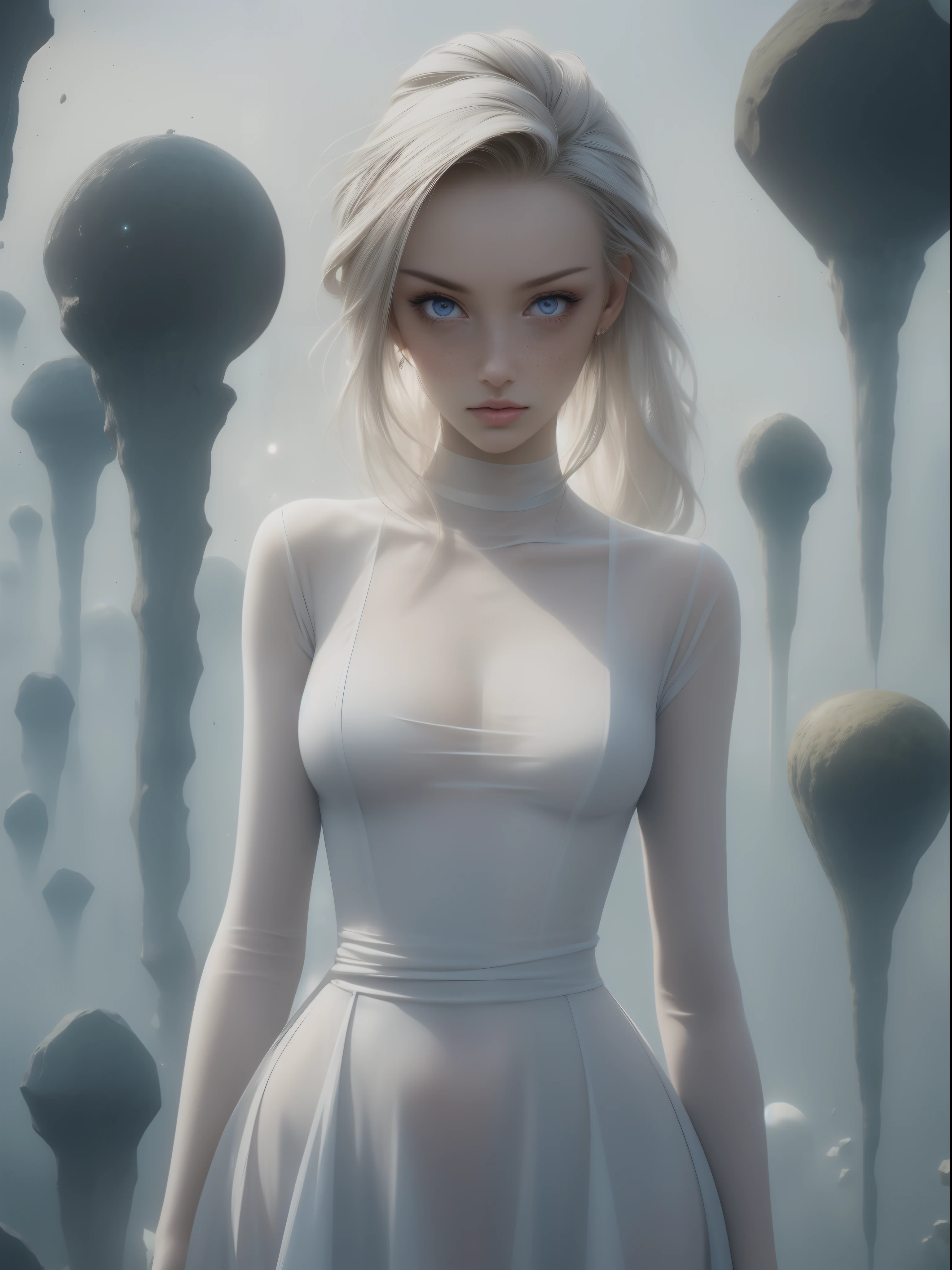 1girl, gorgeous, freckles, blonde, blue eyes, (wearing linen see through dress:1.2), outer space, dry rocks environment, Interstellar, Surrealism, Dreamy dim daylight, glass shards, space fragmentation, re ghotion, minimalism, emptiness, spaciousness, faint accent lights, film grain, horror photography, misty and foggy atmosphere, neon, glow, (wide hips:1.4)