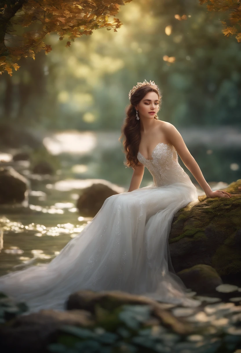 A shy 18-year-old dragon girl, blushing cheeks, wedding gown, tranquil garden, flowing water, falling leaves, majestic trees, shimmering dragon scales, (best quality,4k,8k,highres,masterpiece:1.2), ultra-detailed, (realistic,photorealistic,photo-realistic:1.37), illustrations, soft color palette, gentle lighting.