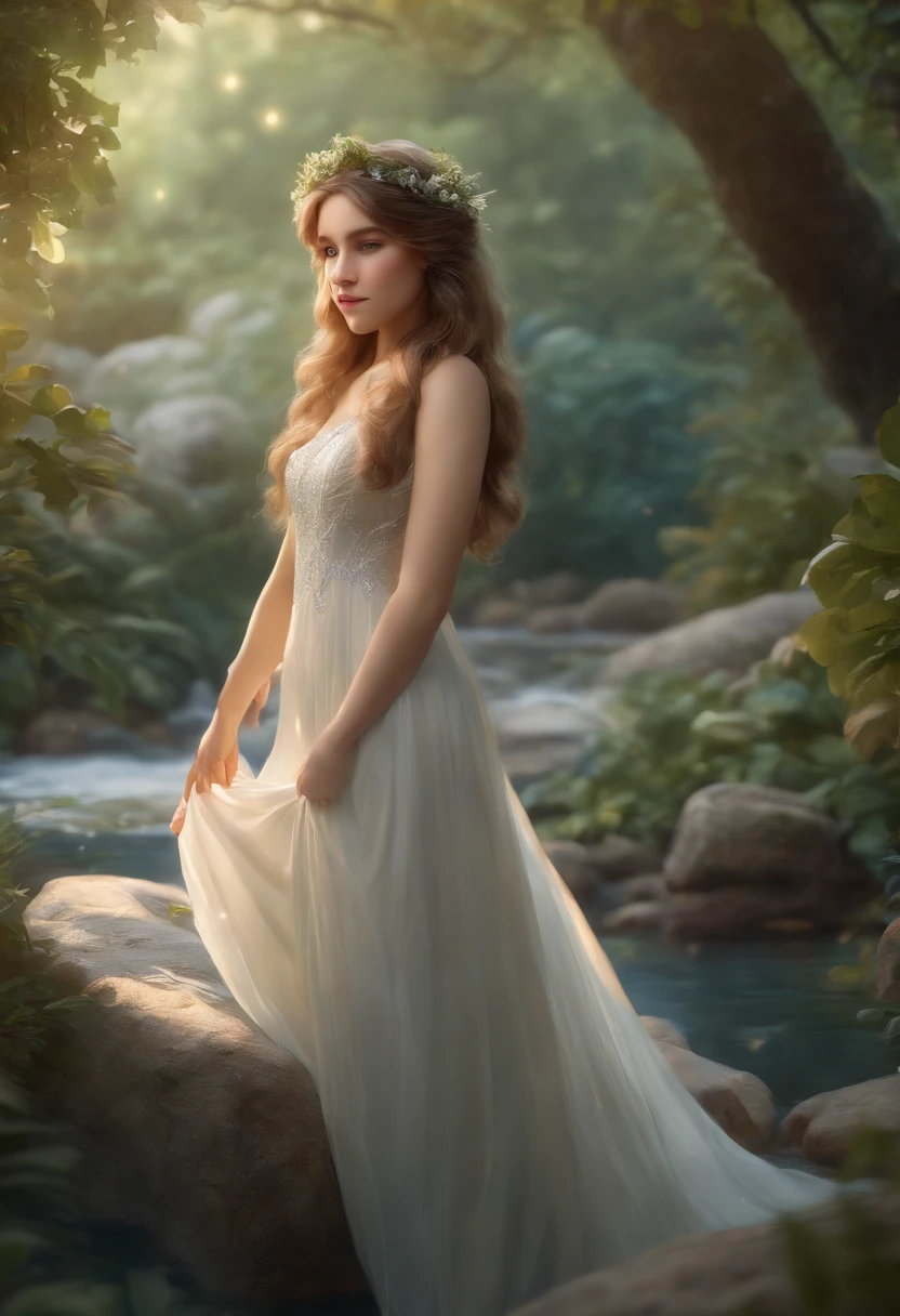 A woman in a white dress standing on a rock in a forest - SeaArt AI
