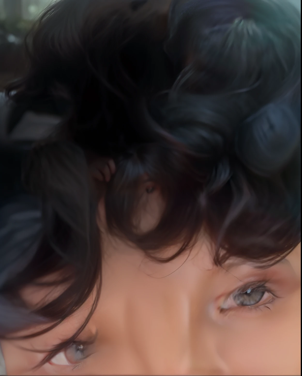um close up de uma pessoa com cabelo preto e gravata, franja encaracolado, cabelo encaracolado preto, com olhos assombrados e cabelos cacheados, cabelos negros cacheados, com cabelos pretos, cabelos cacheados, (cabelos cacheados escuros e curtos), cachos por cima, messy curly hair, cabelos cacheados e curtos, cabelos escuros cacheados, cabelos pretos e olhos grandes, curly hair , qualidade alta, cor viva