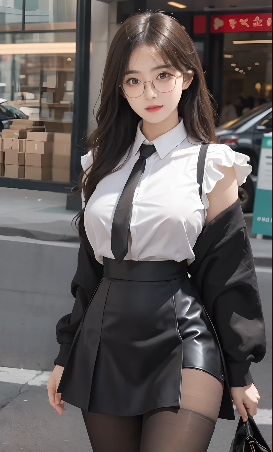 ulzzang -6500-v1.1, (Raw photo:1.2), (Photorealistic:1.4), Beautiful detailed girl, Very detailed eyes and face, Beautiful detailed eyes, Ridiculous, Incredibly ridiculous, Huge file size, super detailed, High resolution, Very detailed, Best Quality, masutepiece, ((fashion clothing with diverse colors)), Illustration, Very detailed, nffsw, unified, 8K Wallpaper, amazing, Fine detail, masutepiece ,Best Quality, Highly detailed ticker uniform 8k wallpaper, Light on Face, Movie Lighting, 1girl in, , long white hair, side split, (Big breasts), ()), (Glasses), ((Dynamic Pose))), ((Sexy Pose))), (Camel toe), (half), (pantyhose)), ((Black hip skirt))