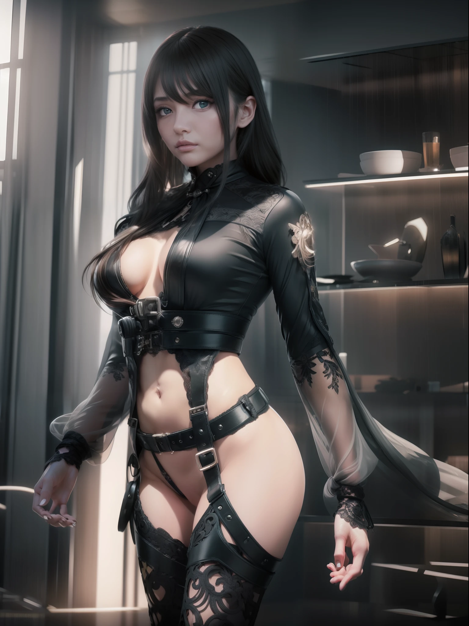 1girl, intricate detail, masterpiece, best quality, extremly detailed,cinematic lighting, beautiful detailed glow, finely detailed beautiful face and eyes, 8k, dark intense shadows, yellow eyes, medium hair, black hair, bangs, floating hair, black jacket, open jacket, white shirt, expressionless, yellow necktie, black skirt, spotlight, sunshine, sunrise, gradient sky, city, lens flare, cowboy shot, [[curvy]], [mature female]