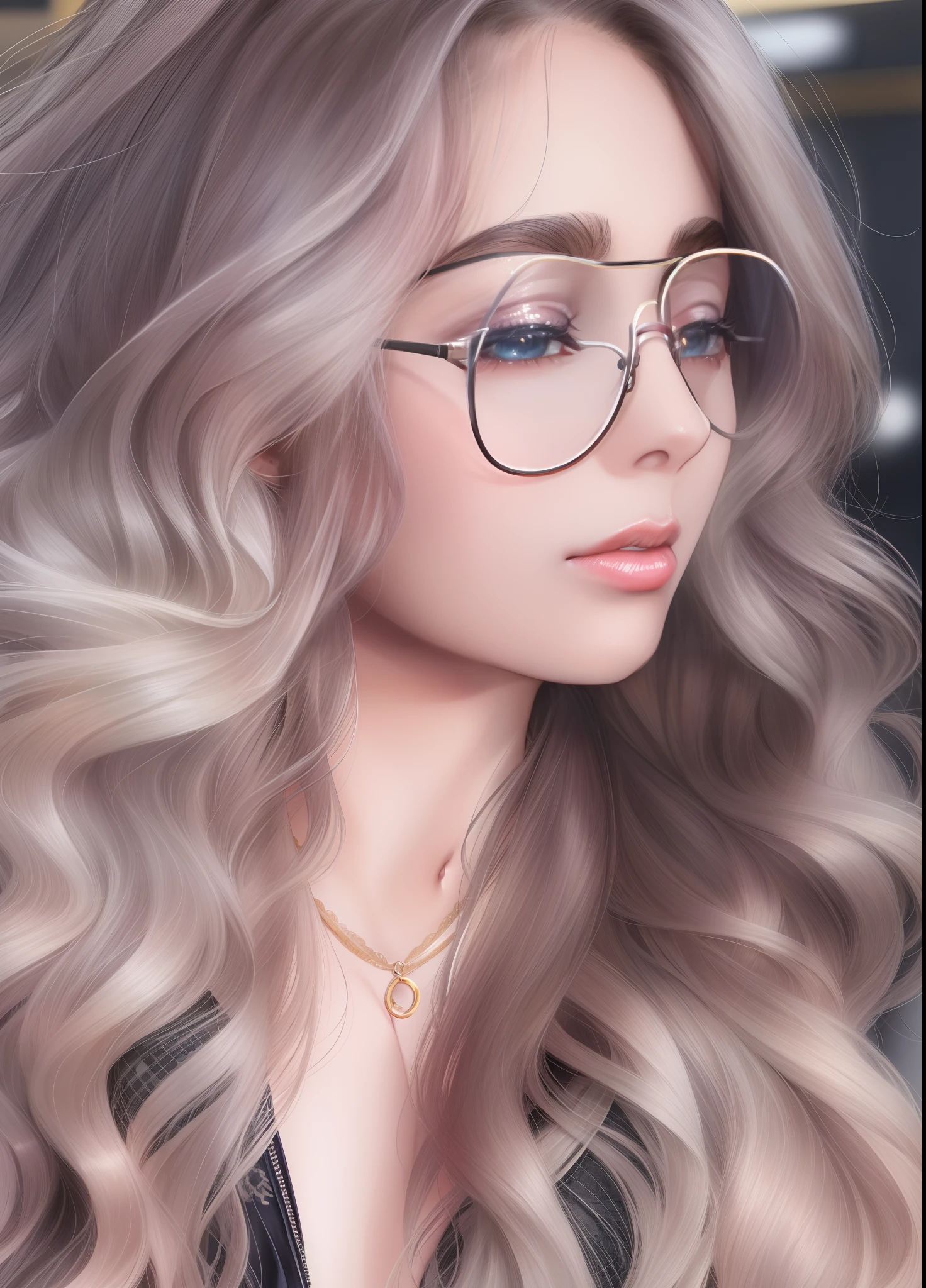 A woman in glasses and a black shirt is looking down, Destaques Ouro e Prata, grandes destaques, girl with glasses, Ethereal gold and silver tones, Destaques brilhantes, wavy long black hair and glasses, morena com cabelos loiros tingidos, Destaques bonitos e especulares, tons dourados e prateados, Destaques brancos no cabelo, girl wearing round glasses, cabelos prateados cacheados, cabelos loiros e prateados, qualidade ultra hd 19k detalhes da pele e seus poros ultra realista , rosto bem detalhado detalhes dos olhos vividos , fleshy, red lips , ultra detalhado , seios grandes e redondos , Sharp waist curve guitar style, detalhes do rosto e poros da pele