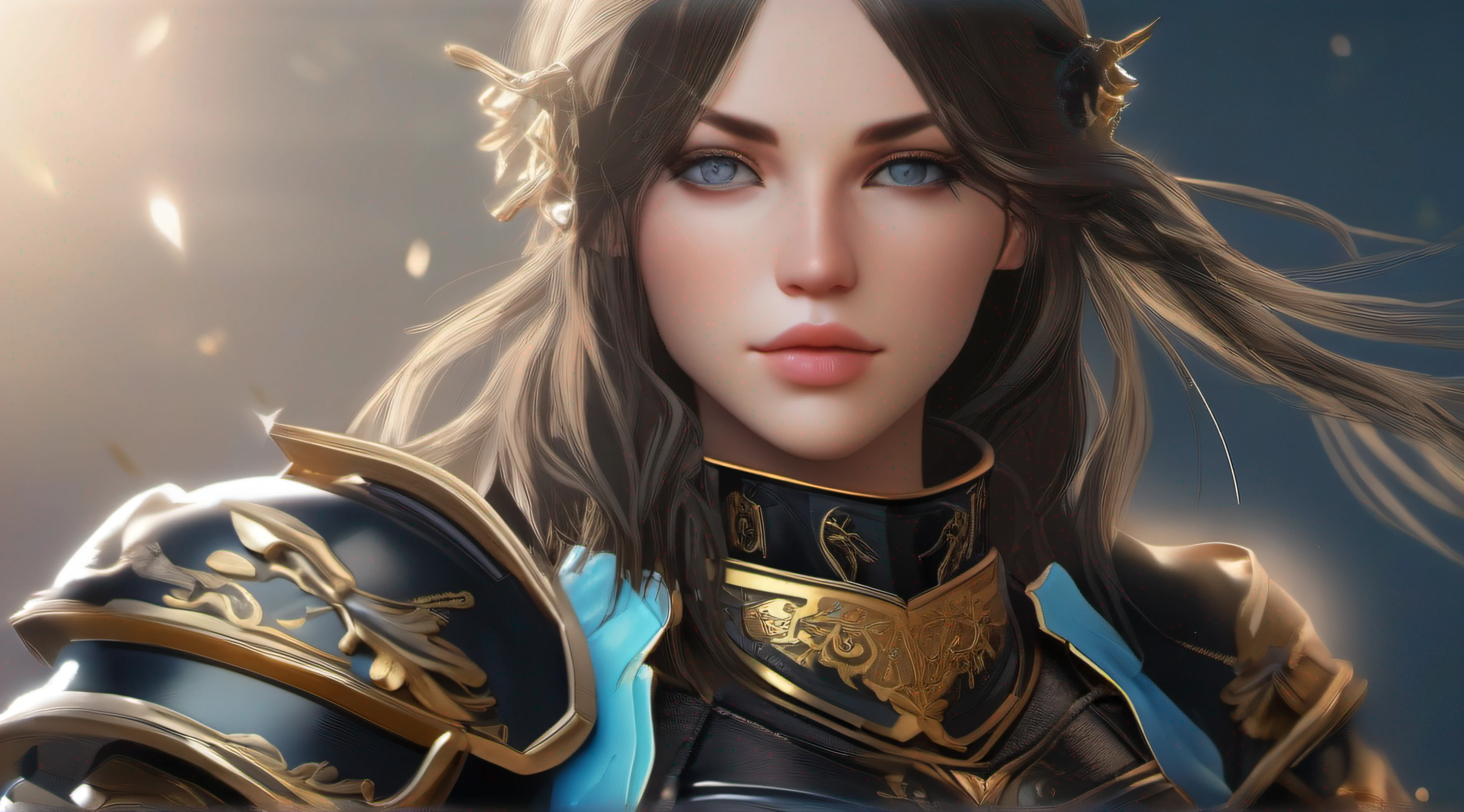 (best quality,ultra-detailed,realistic),portrait,woman,knight,beautiful detailed face,detailed eyes,staring at the horizon,standing,holding a black sword with blue runes on it,black armor with golden details on the shoulders and torso