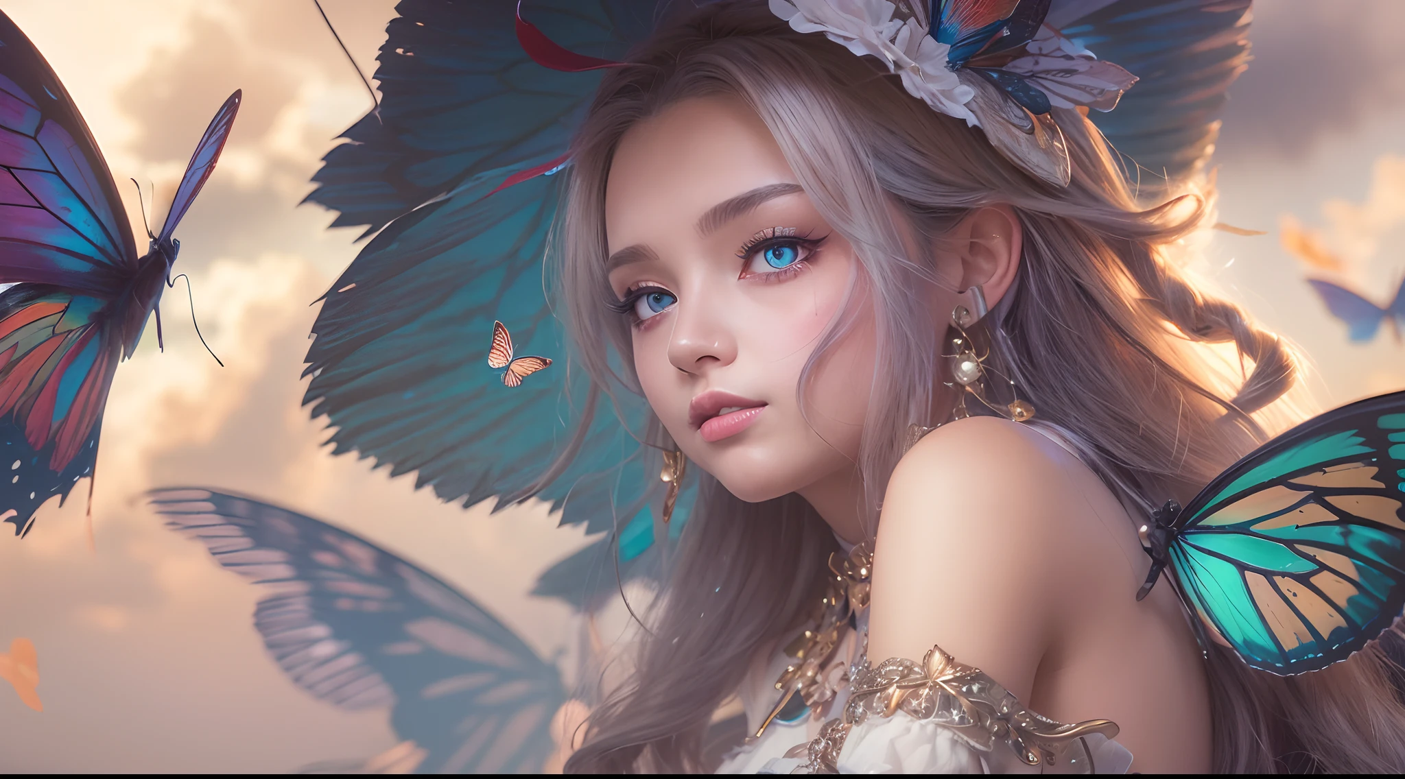 (One of the best, high high quality, 4K, 8K, High-res, Masterpiece:1.2), 1 girl, intricately details, cropped shoulders, Mini skirt, necklace, Ruffled hem, sheerfabric, peeking out, Reddening cheeks, Butterfly wings, Sit in the clouds, Blurred background, floral patterns, Lost in thought, from league of legends, as K/Kaisa.
