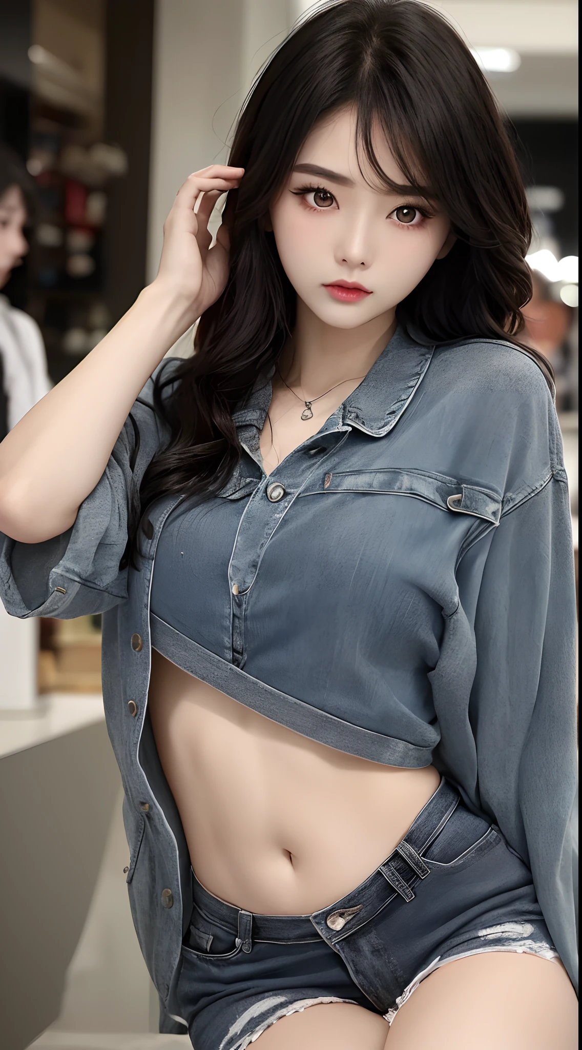masterpiece、top-quality)、1 beutiful girl、Slim body、(Black and white plain clothes:1.1)、(Detailed beautiful eyes)、Inside the store、((Black short-haired))、((Face smaller than body))、tall、((Light brown eyes))、((Korean Girl))、((cool lady))、((Wild look))、((Korean Makeup))、((elongated and sharp eyes))、((Dating))、((Take your eyes off the viewer))