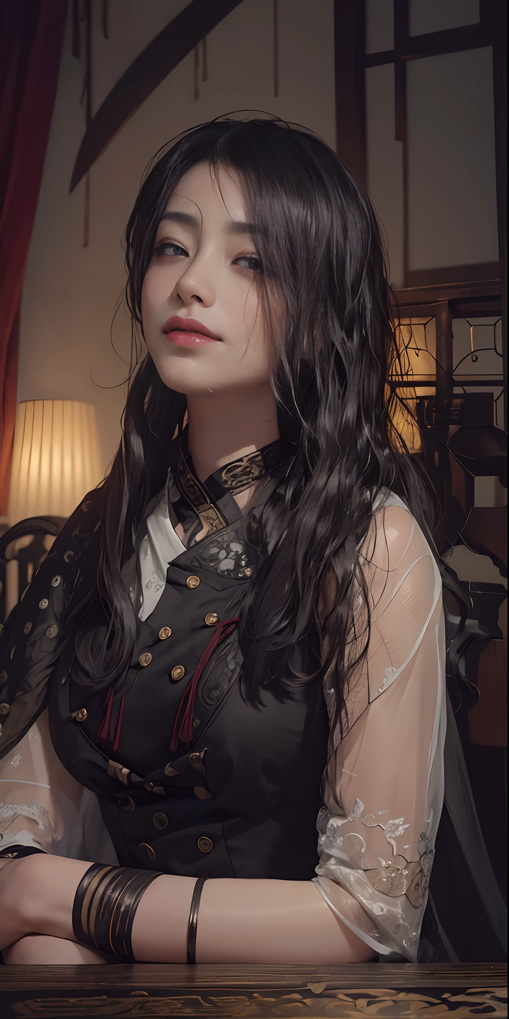 Official Art, Unity 8k wallpaper, super detailed, beautiful, beautiful, masterpiece, best quality,
dark, atmospheric, mystical, romantic, creepy, literature, art, fashion, ming and qing dynasties, decoration, intricate, ironwork, embroidery, contemplation, emotional depth, supernatural, hanfu
1 girl, solo, neck, bust composition
