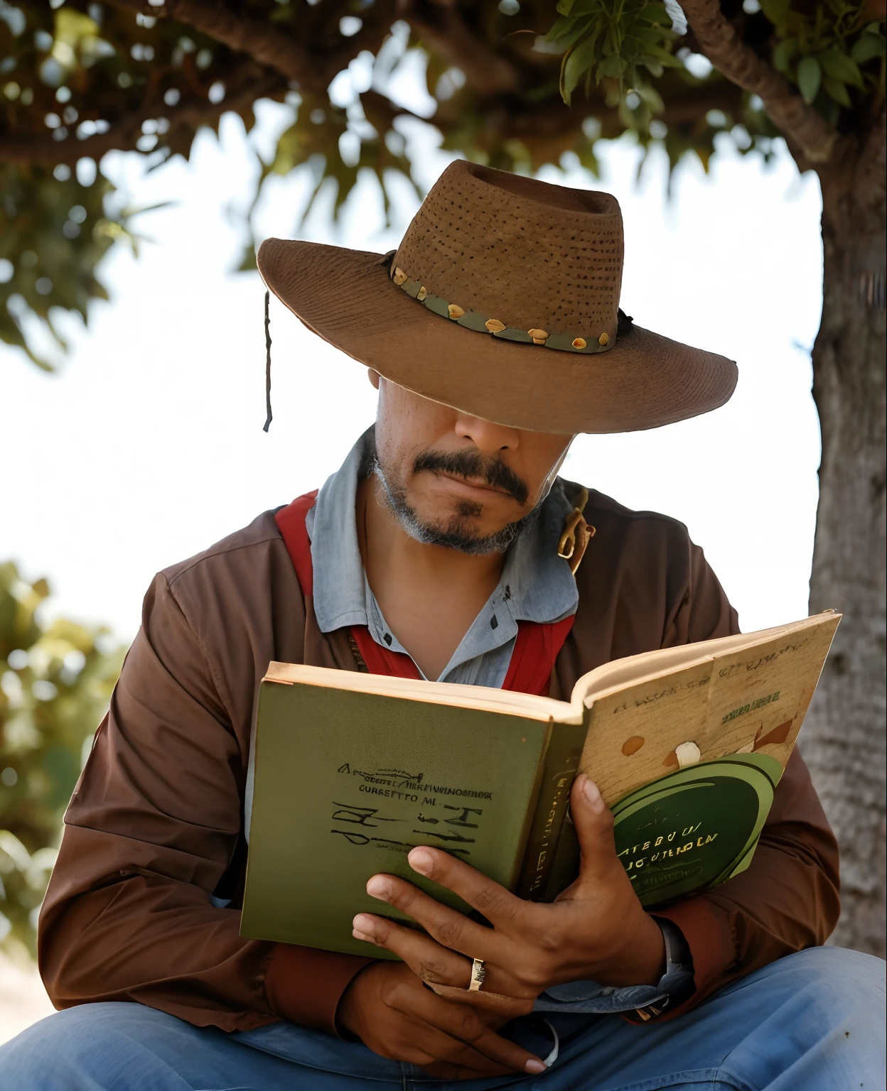 guttonerdvision10, homem arafed sentado em um banco lendo um livro, Lendo novo livro, Ler um livro, reading under a tree, retrato do livro, tentando ler, caracter with brown hat, Lendo o livro sobre o amor, he is holding a large book, leitura, inspired by Germán Londoño, wearing a cowboy hat, aboriginal australian hipster, foto retrato