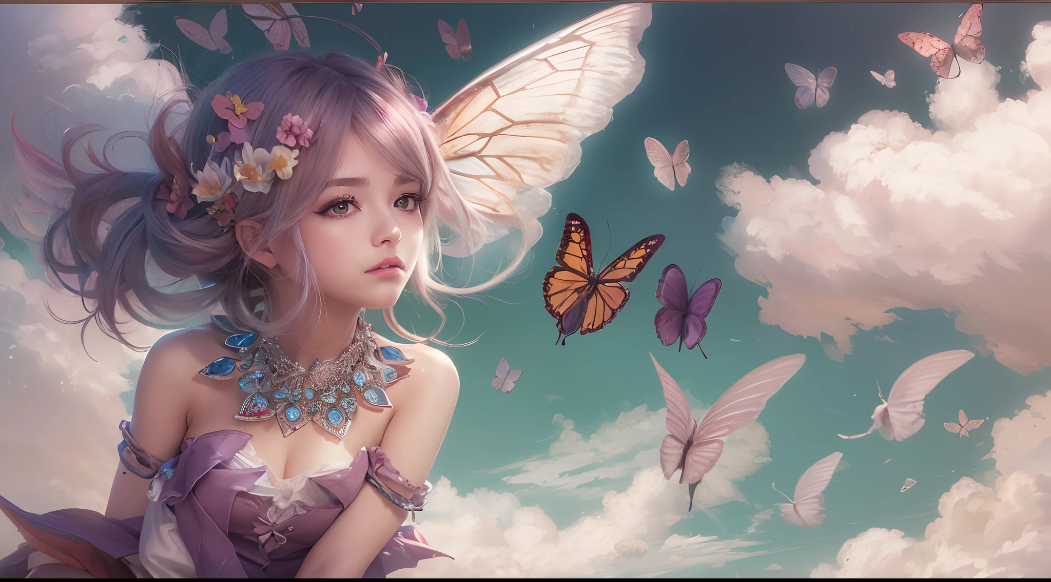 (One of the best, high high quality, 4K, 8K, High-res, Masterpiece:1.2), 1 girl, intricately details, cropped shoulders, Mini skirt, necklace, Ruffled hem, sheerfabric, peeking out, Reddening cheeks, Butterfly wings, Sit in the clouds, Blurred background, floral patterns, Lost in thought, from league of legends, as K/Kaisa.