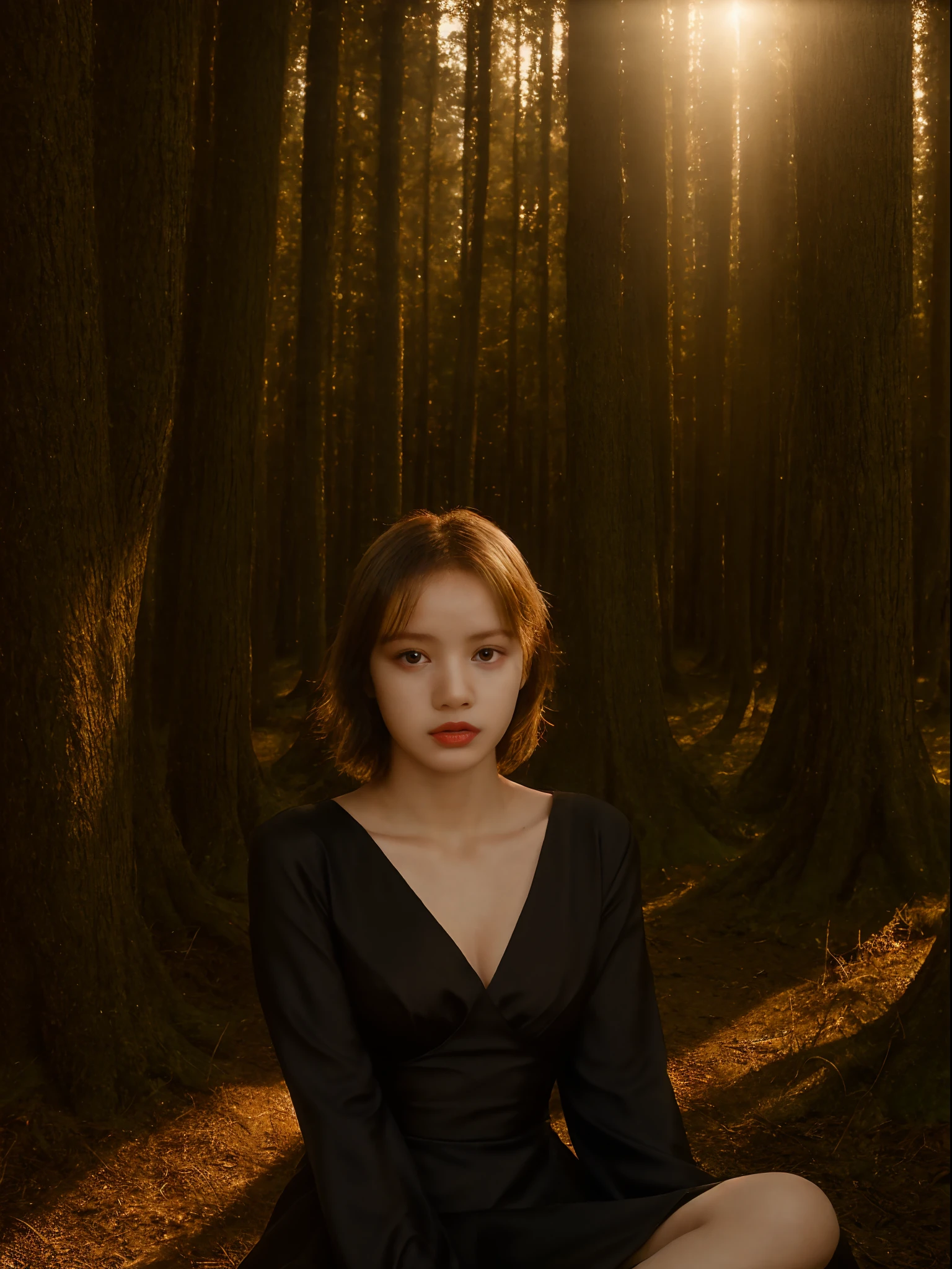 ((-teen girl)), bldress with v-neck, breast-to-face photo, sitting, very light skin, short hair, forest, wooden houses, sunset, photorealistic, indirect lighting, volumetric light, ray tracing, hyperdetailed